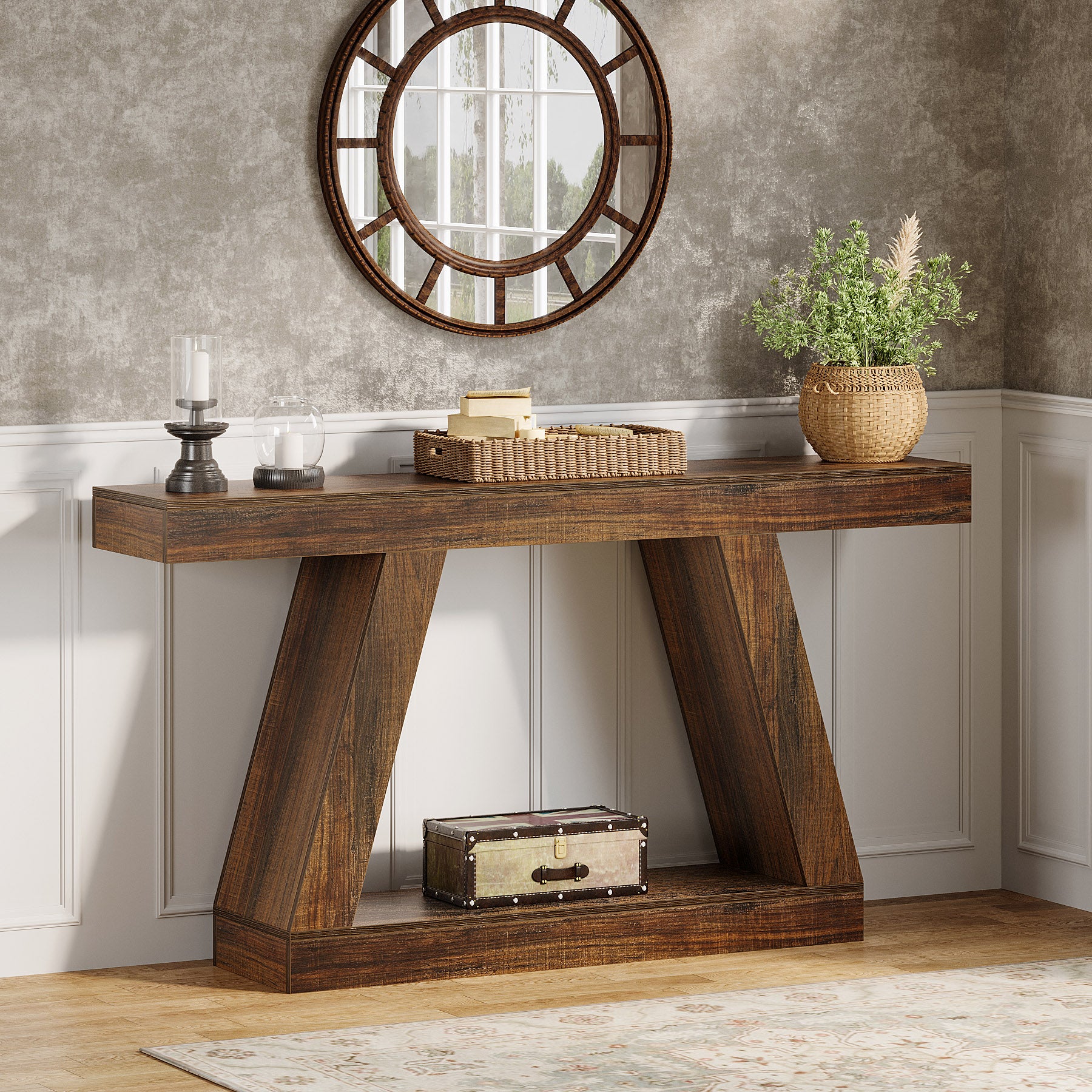 Farmhouse Console Table, 55" Sofa Table with Unique Storage Frame