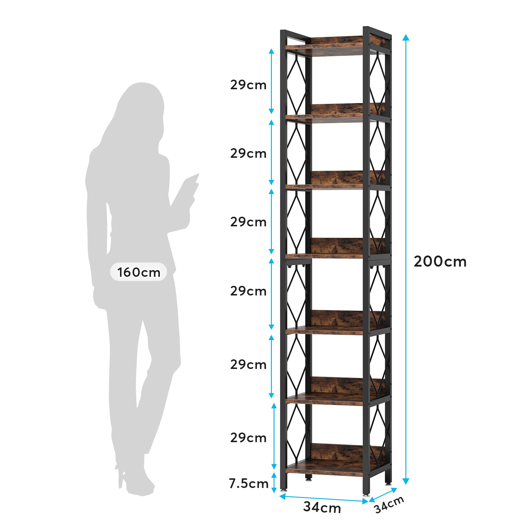 Modern 7-Tier Corner Shelf, 200cm Tall Narrow Bookcase for Corners