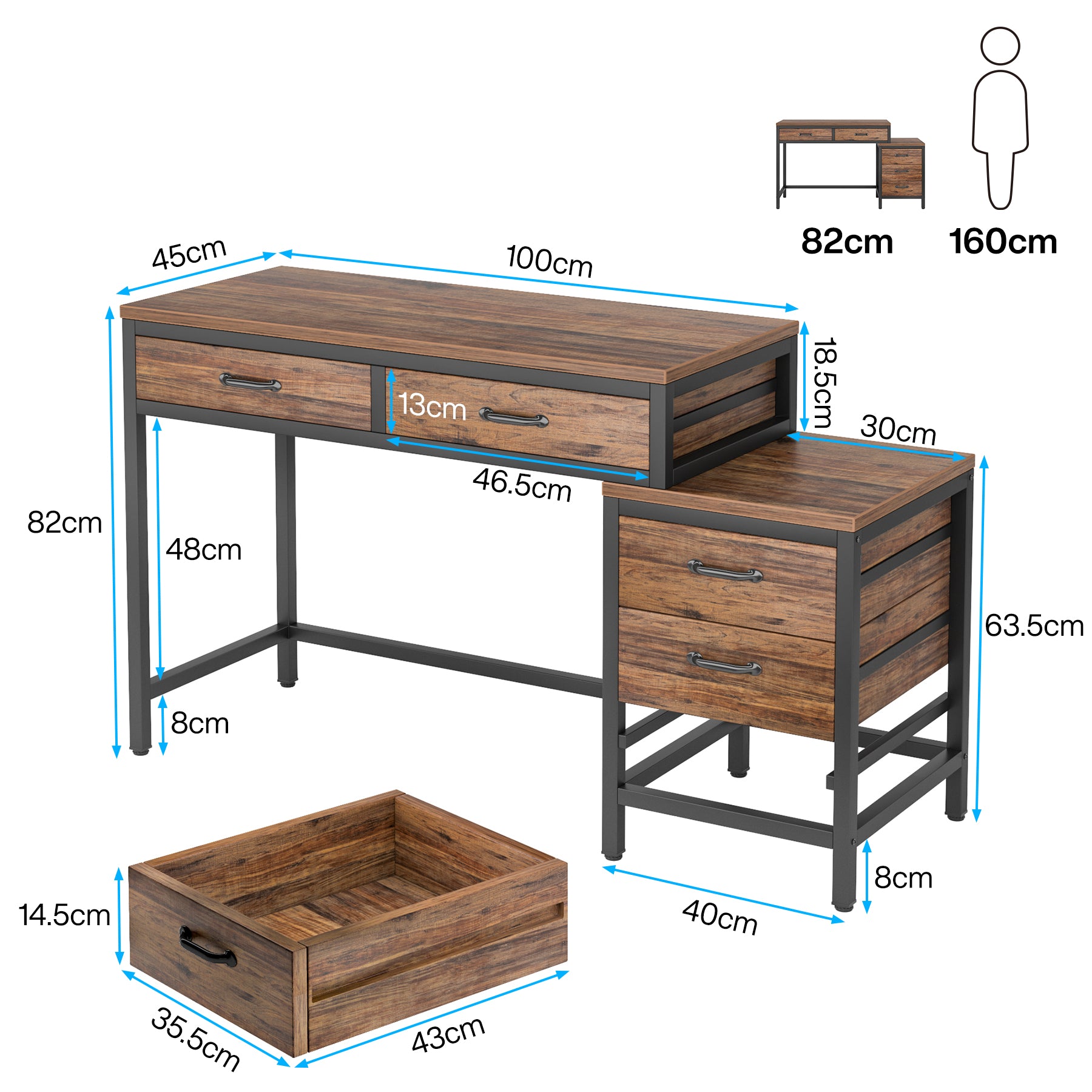 5-Drawer Study Desk, Study Writing Table with Reversible Drawer Cabinet