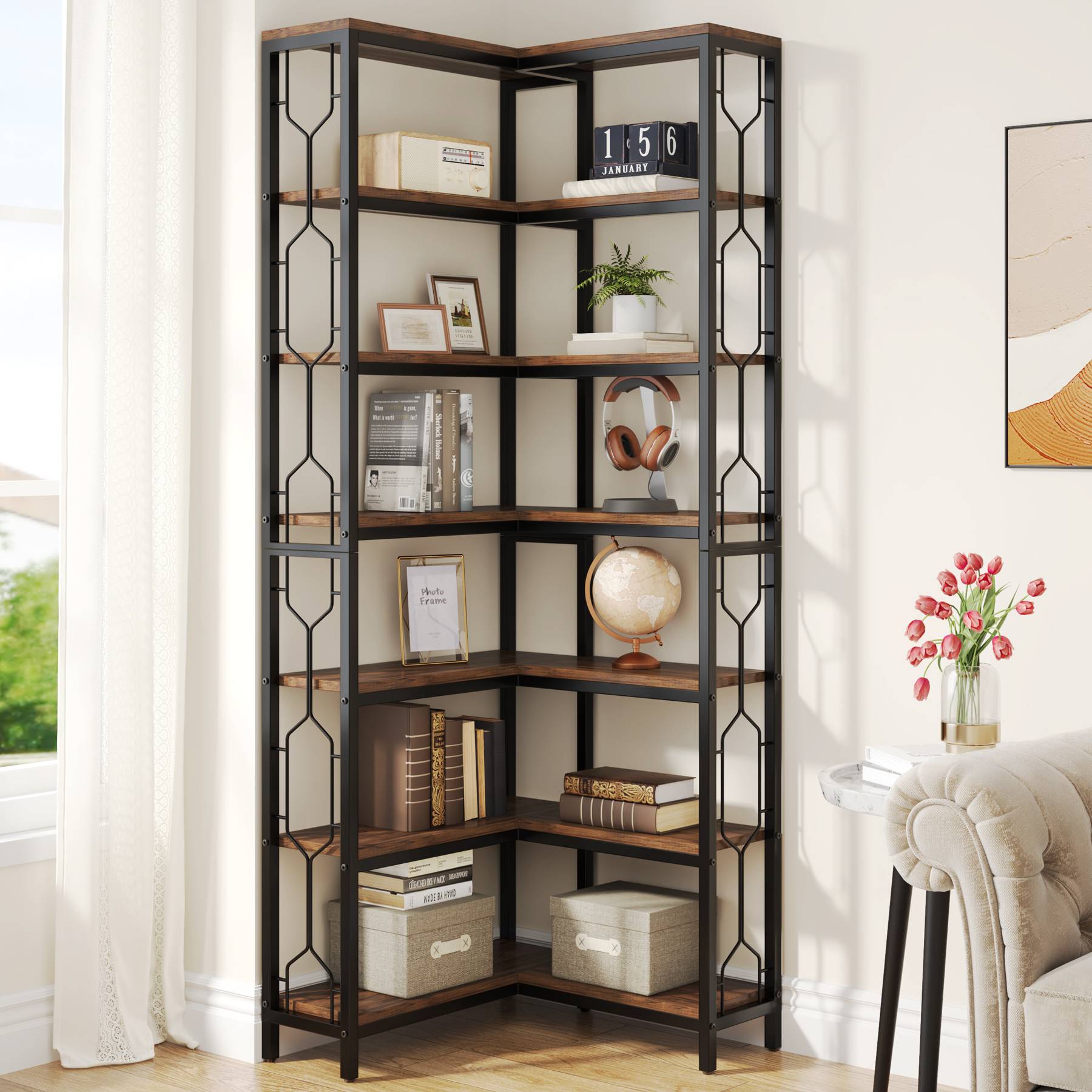 Corner Bookshelf, 7-Tier Industrial Corner Etagere Bookcase Tribesigns#Colour_Brown
