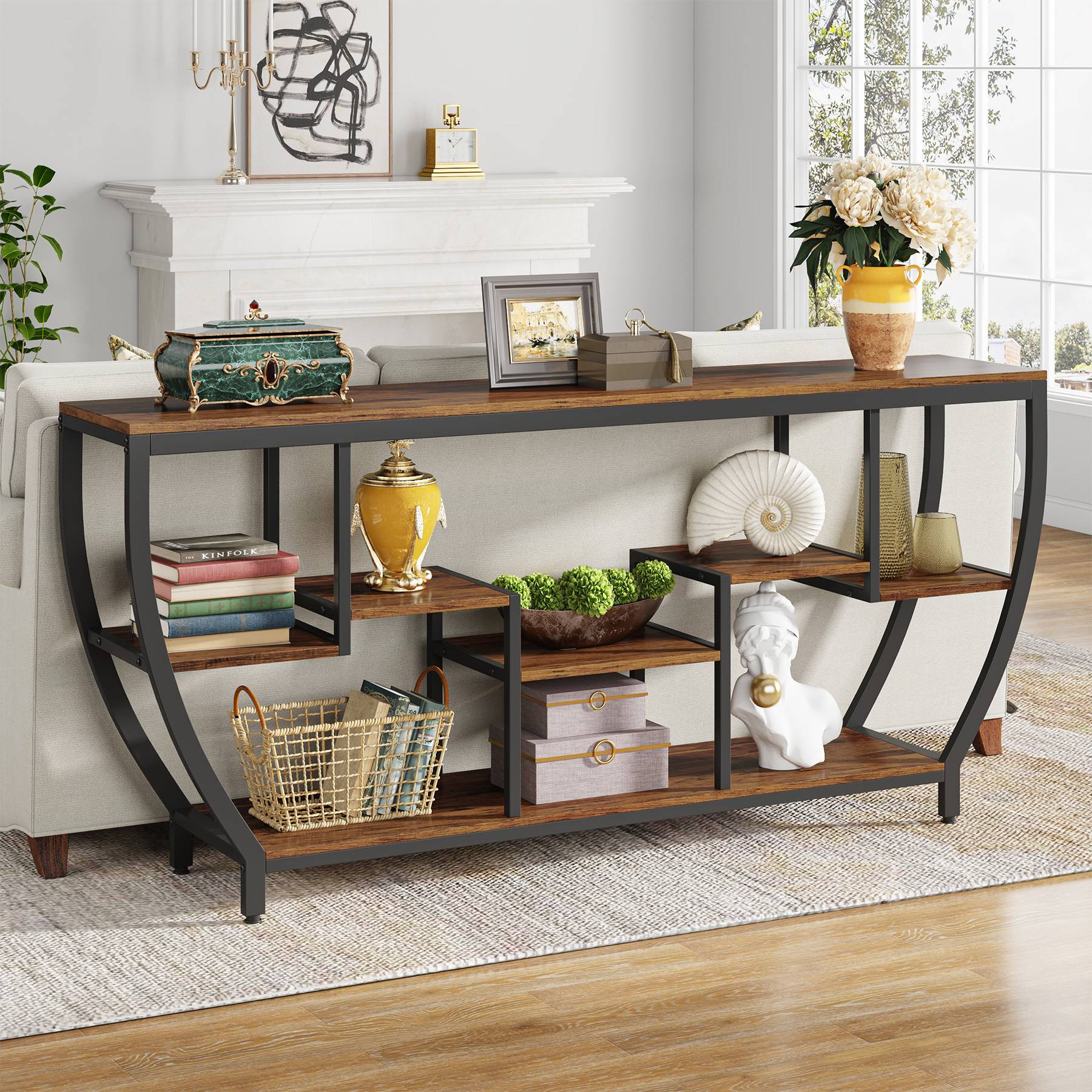 Industrial Console Table, 180cm Entryway Sofa Table with Shelves