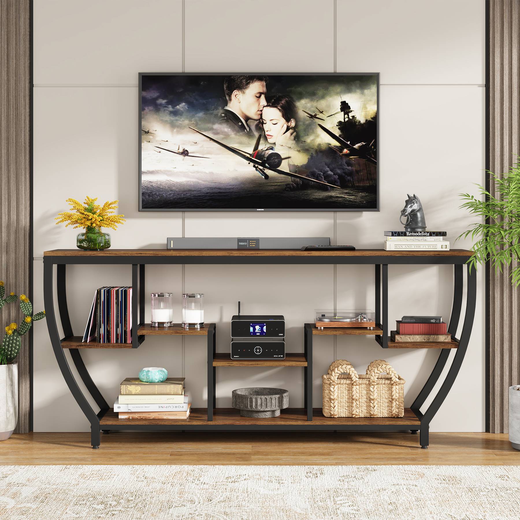 Industrial Console Table, 180cm Entryway Sofa Table with Shelves