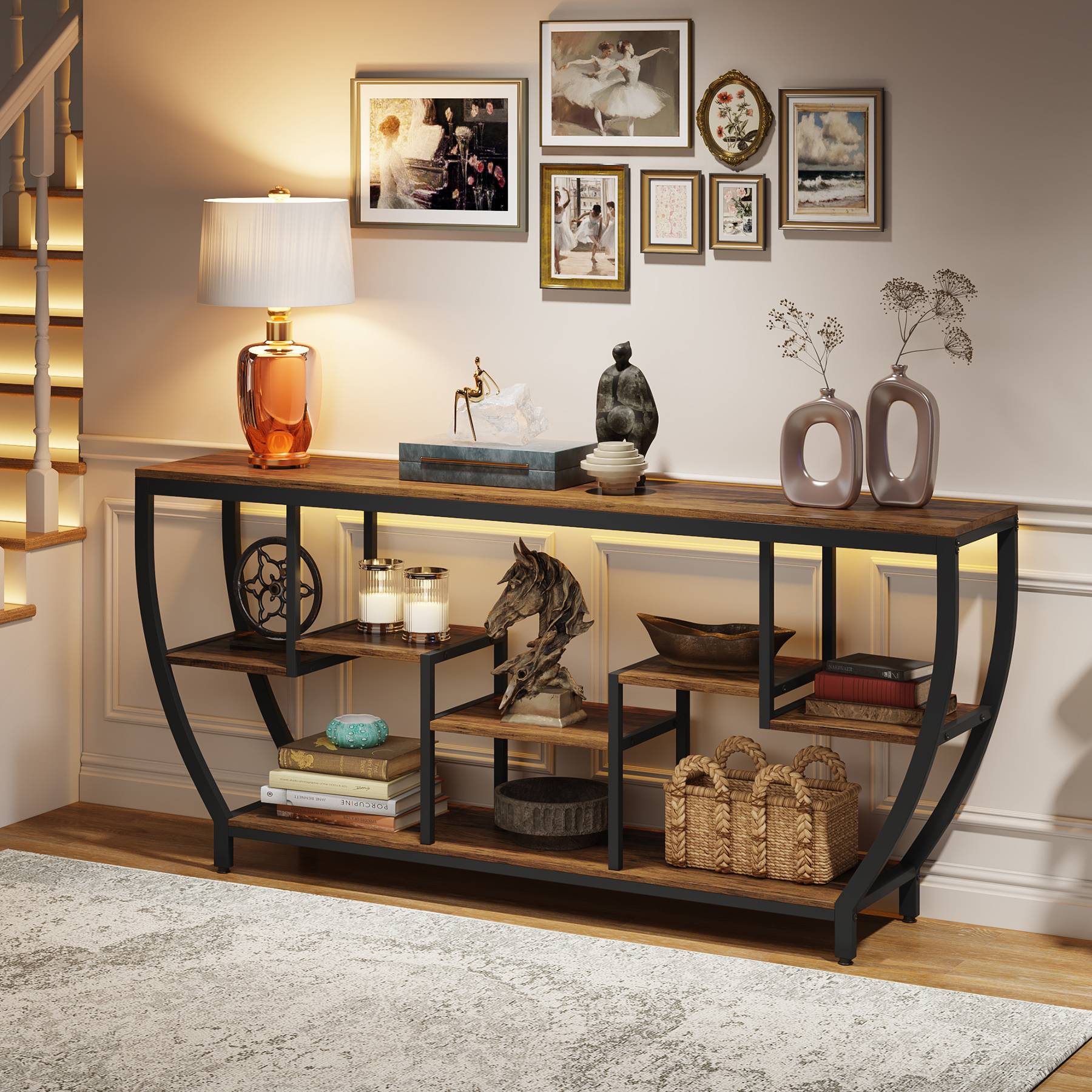Industrial Console Table, 180cm Entryway Sofa Table with Shelves