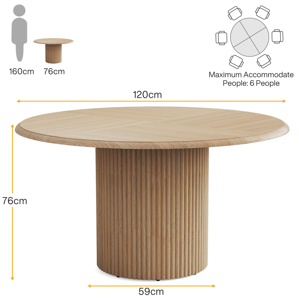 120 cm Round Dining Table for 6, Wood Farmhouse Pedestal Table