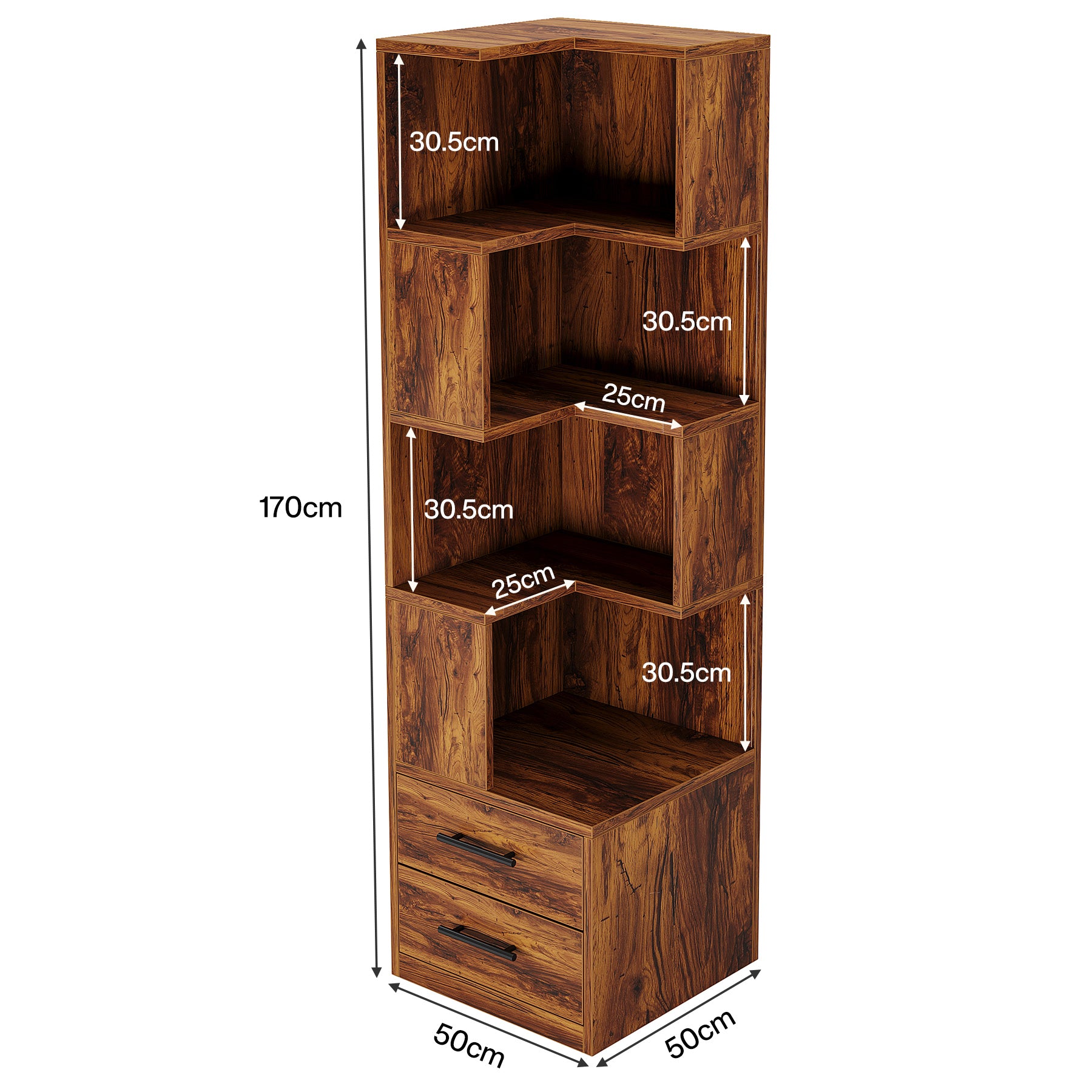 170cm L-Shaped Bookshelf, Corner Bookcase with 5-Tier Shelf & 2 Drawers