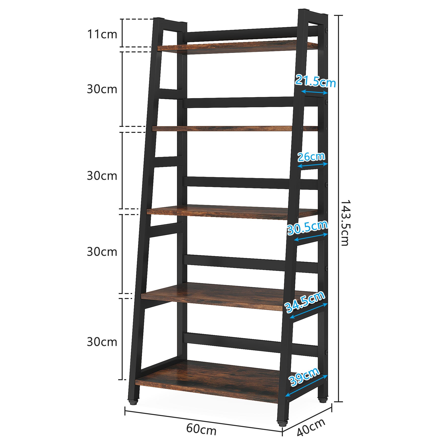 144 cm Industrial 5-Tier Bookshelf, Rustic Wood Ladder Shelf Bookcase with Metal Frame