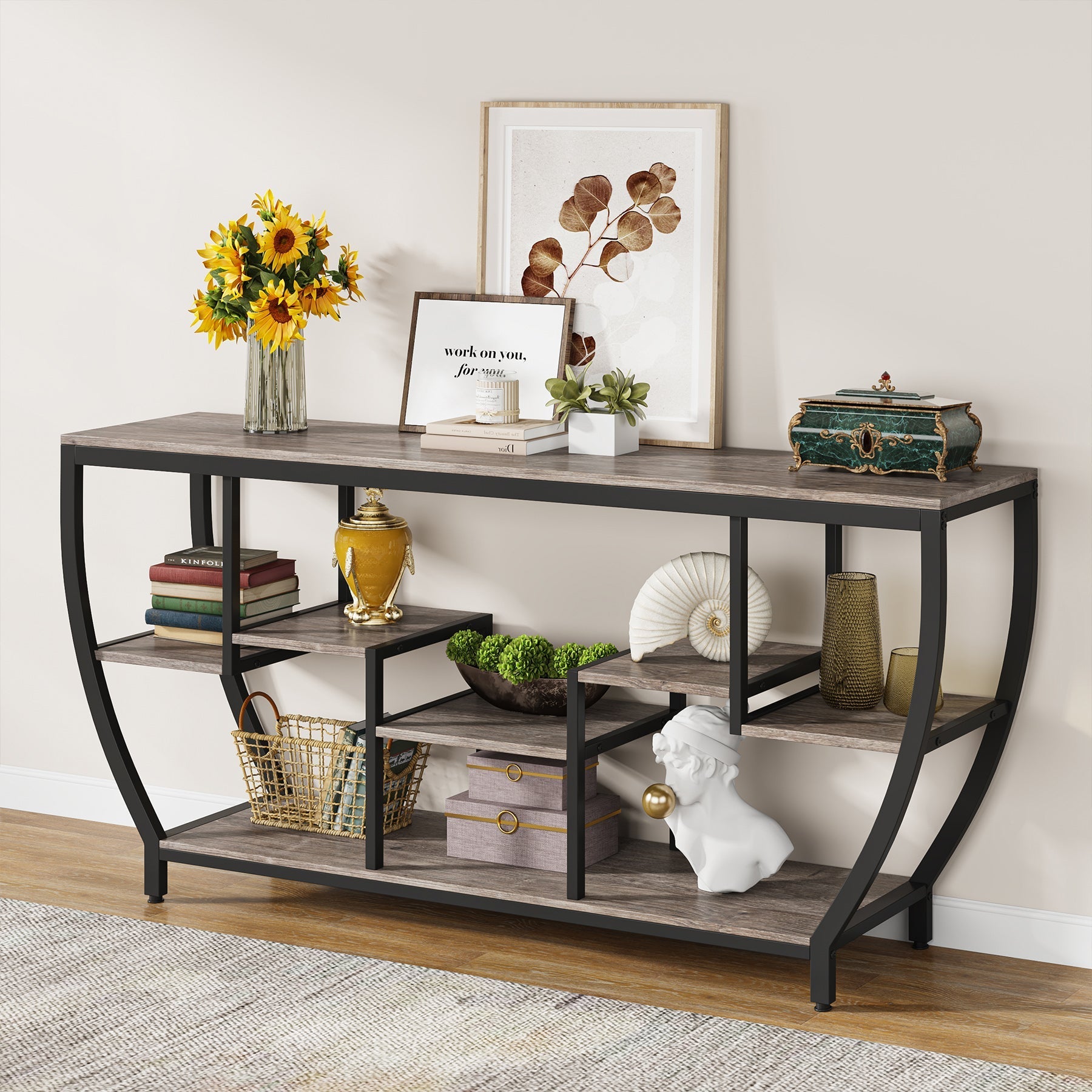 Industrial Console Table, 180cm Entryway Sofa Table with Shelves