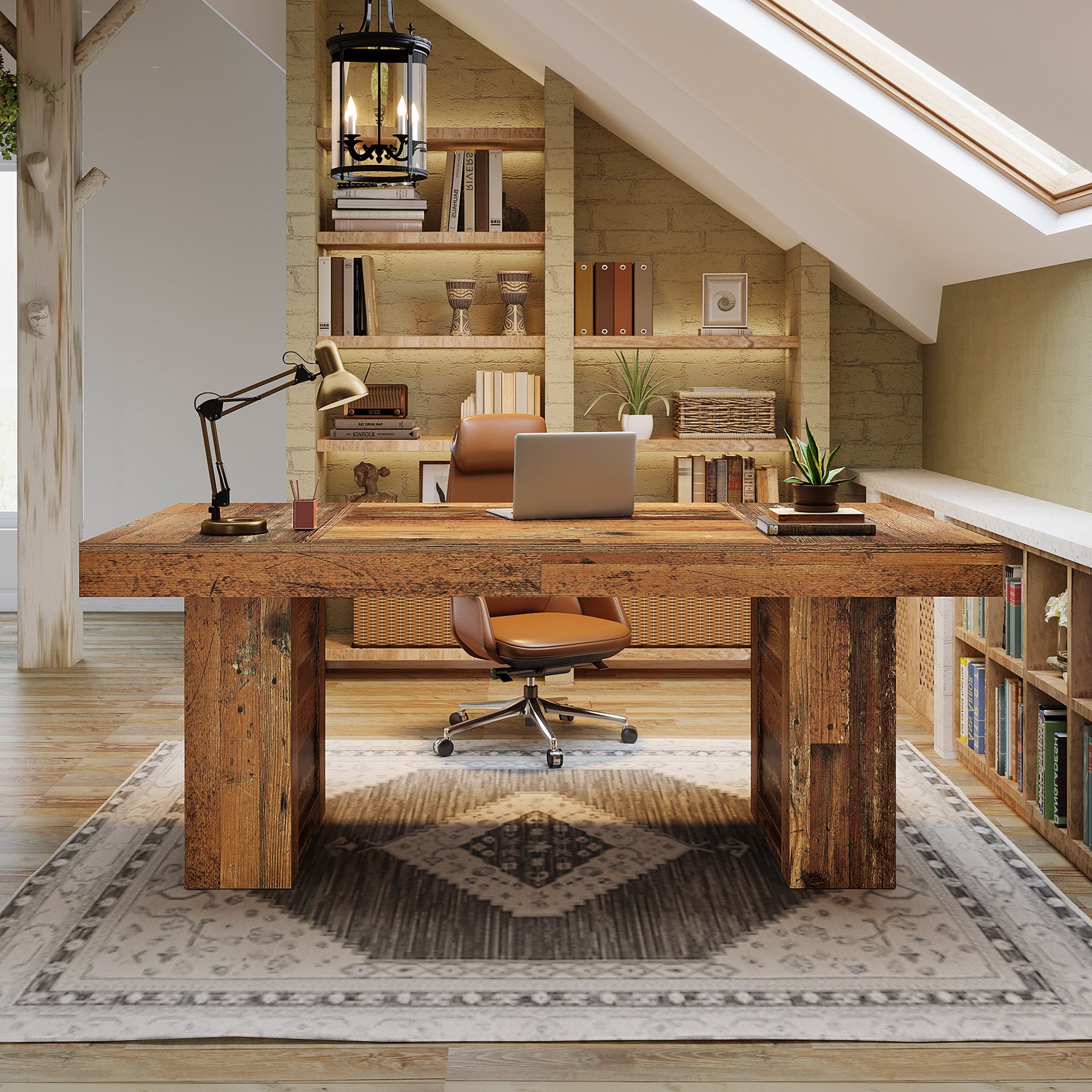 160 cm Farmhouse Executive Desk, Large Wooden Office Desk with Heavy-Duty Legs for Home Office
