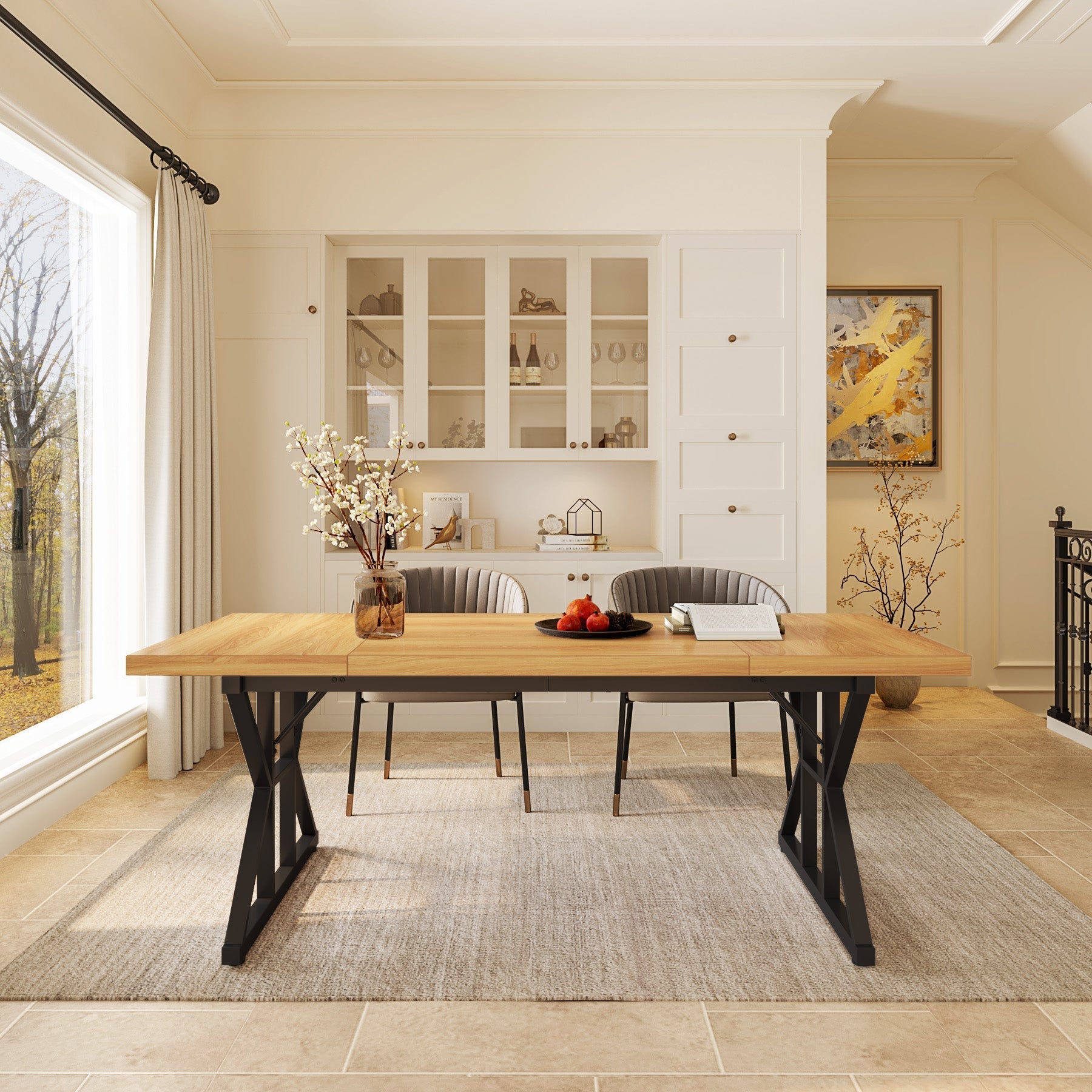 Wood Dining Table, Farmhouse 180cm Kitchen Table for 6 People