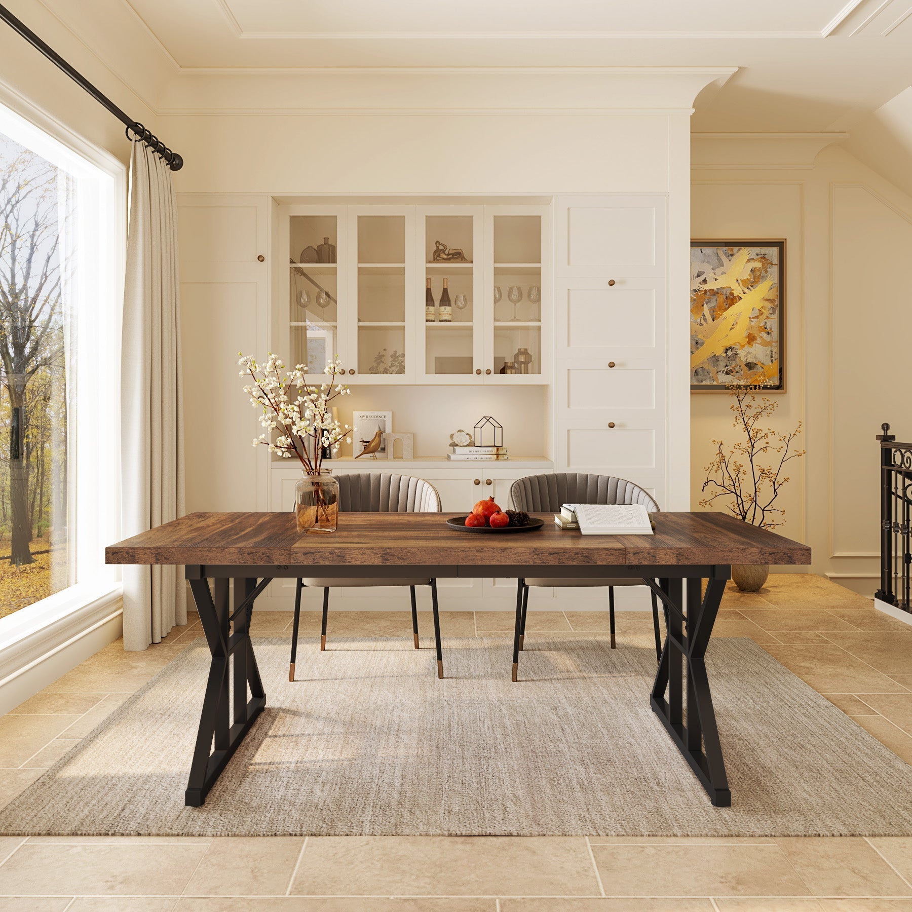 Wood Dining Table, Farmhouse 180cm Kitchen Table for 6 People
