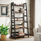 144 cm Industrial 5-Tier Bookshelf, Rustic Wood Ladder Shelf Bookcase with Metal Frame 3