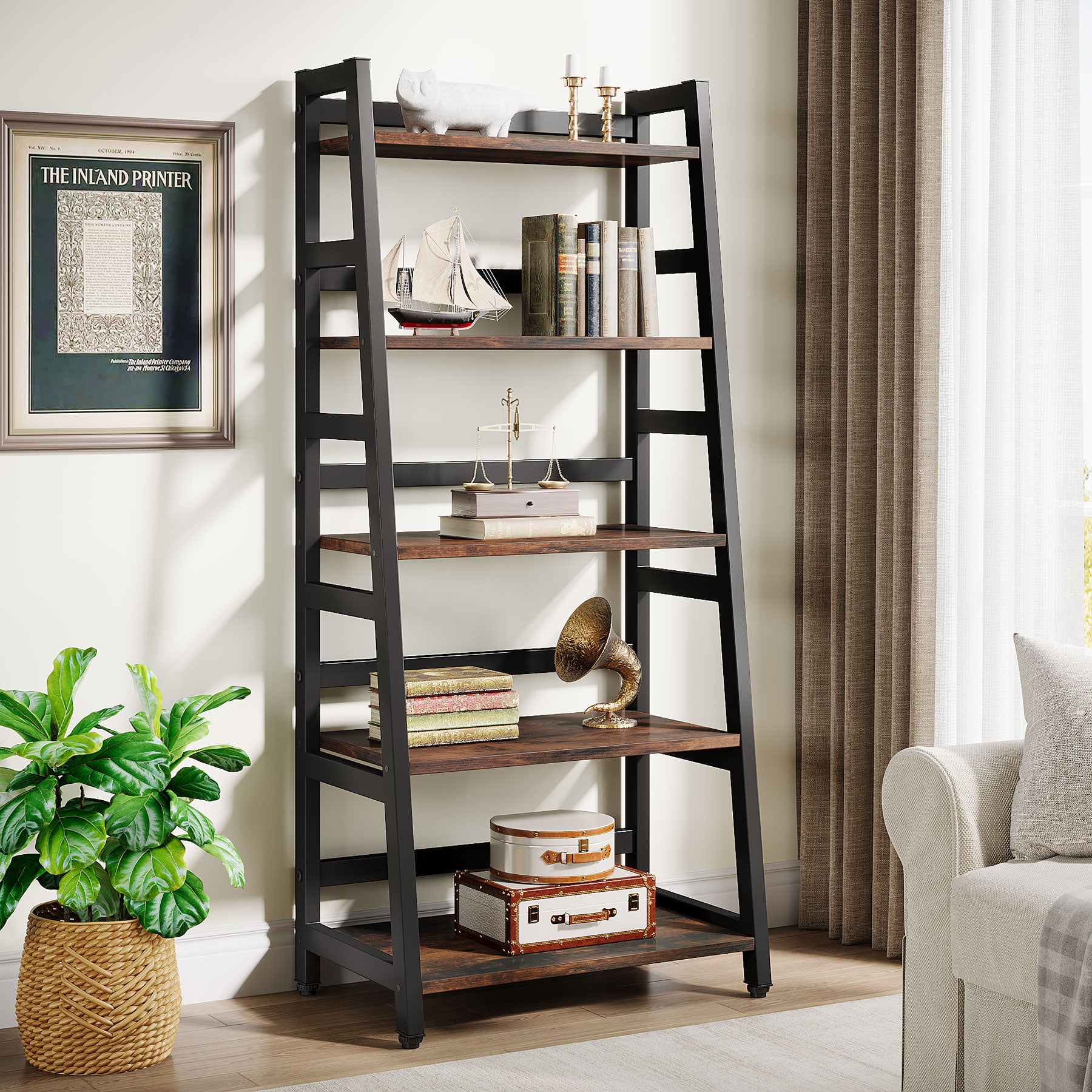 144 cm Industrial 5-Tier Bookshelf, Rustic Wood Ladder Shelf Bookcase with Metal Frame