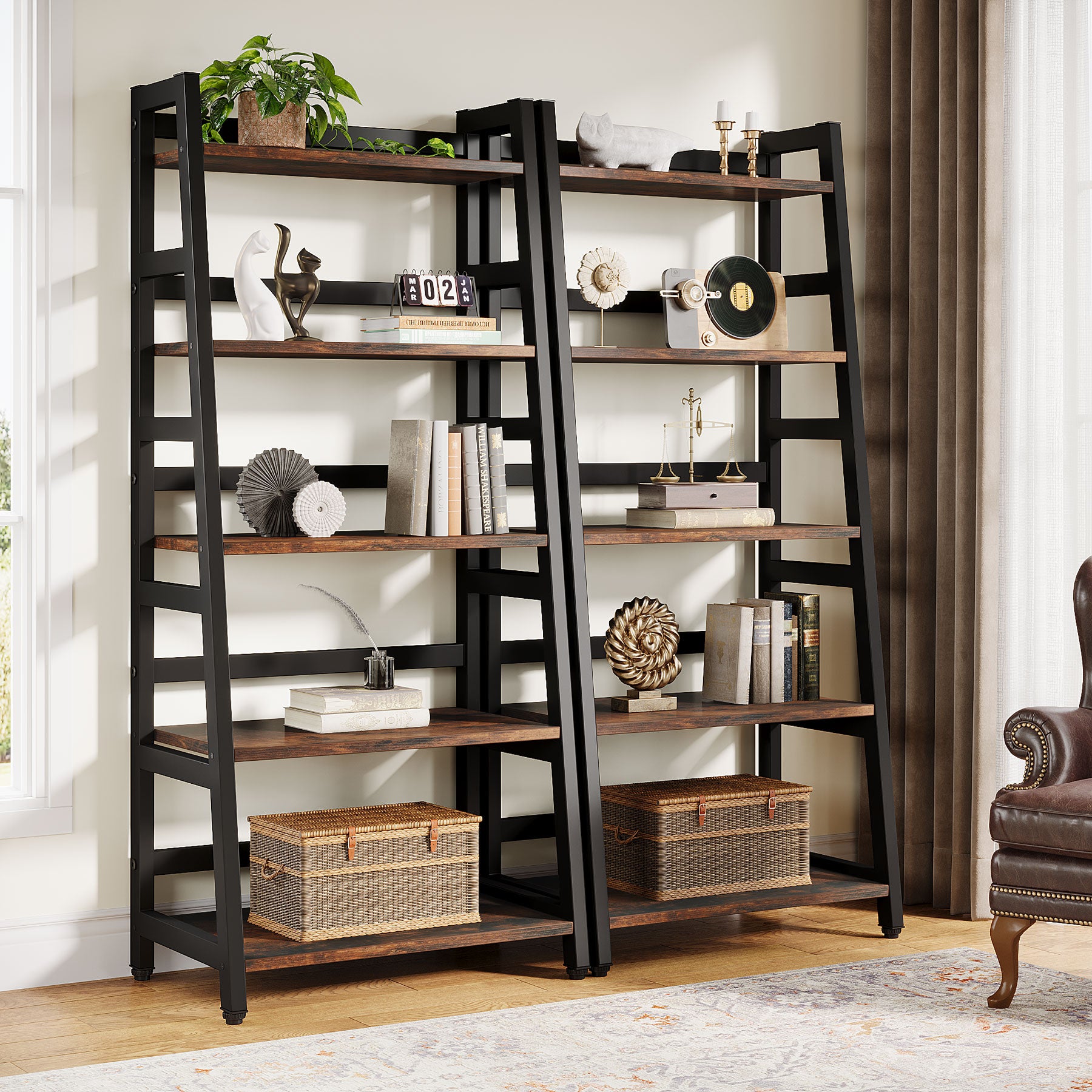 144 cm Industrial 5-Tier Bookshelf, Rustic Wood Ladder Shelf Bookcase with Metal Frame