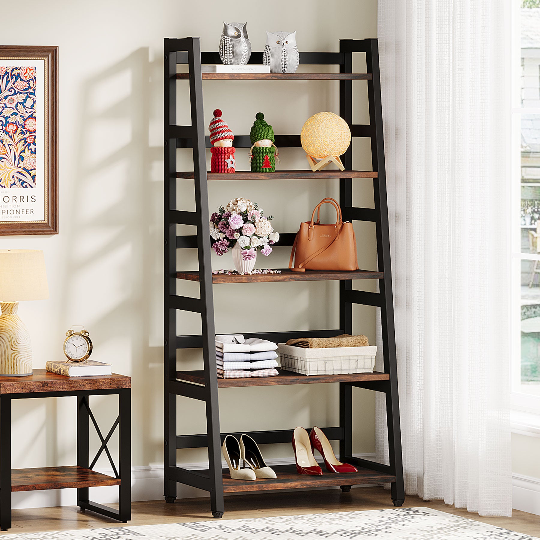 144 cm Industrial 5-Tier Bookshelf, Rustic Wood Ladder Shelf Bookcase with Metal Frame