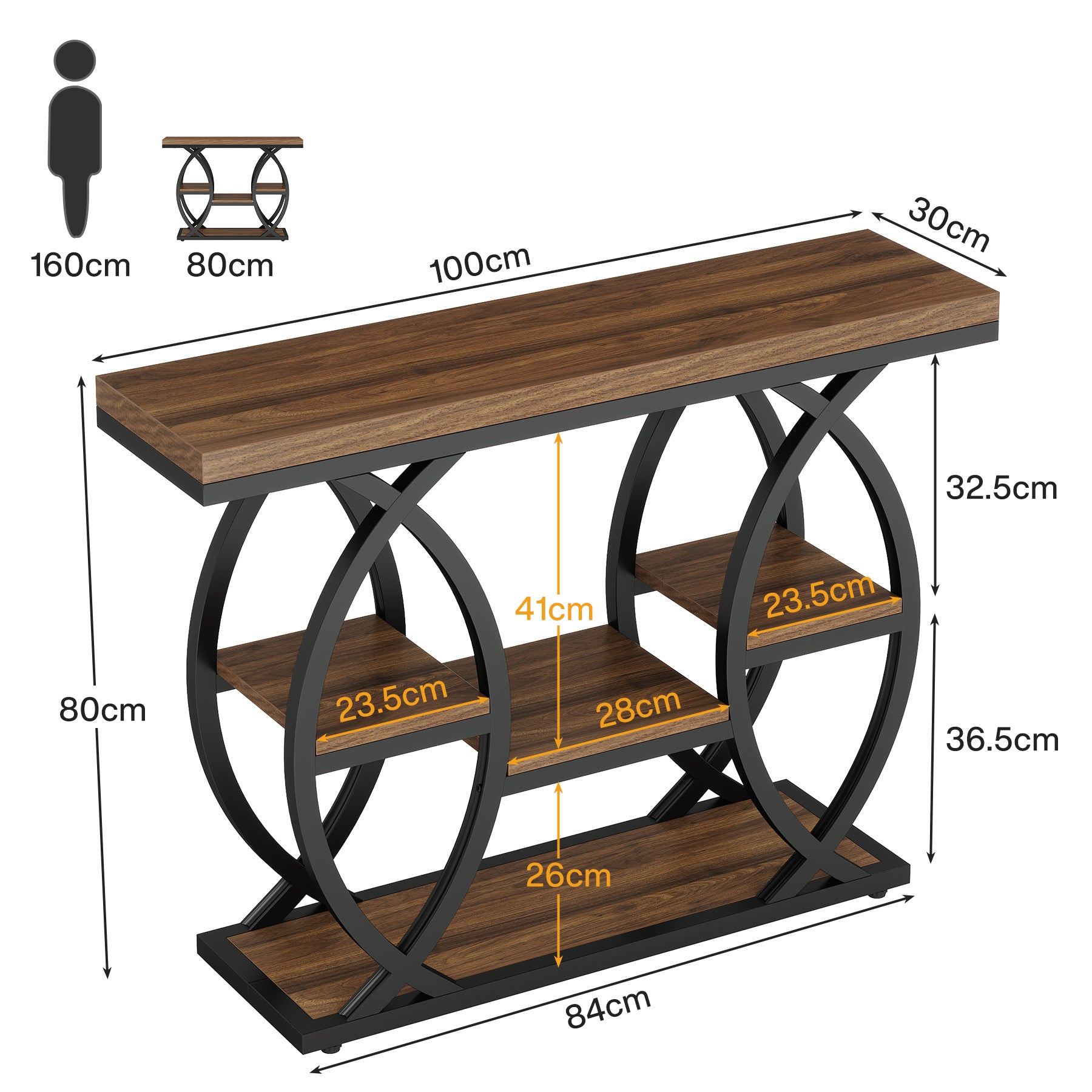 100 cm Console Table, 4-Tier Sofa Table Entryway Table with Storage Shelves