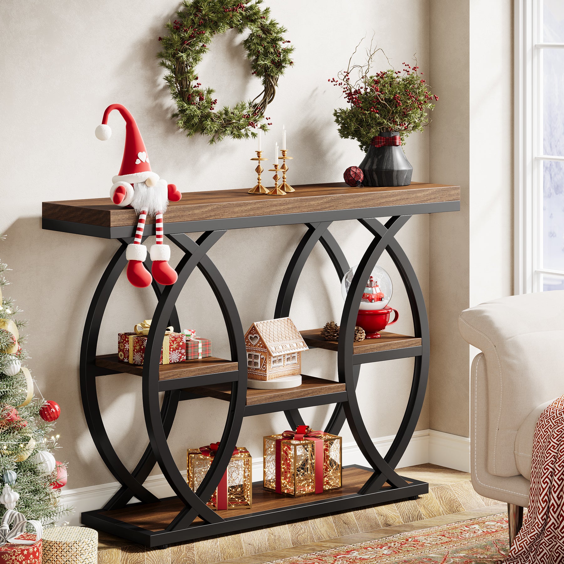 100 cm Console Table, 4-Tier Sofa Table Entryway Table with Storage Shelves