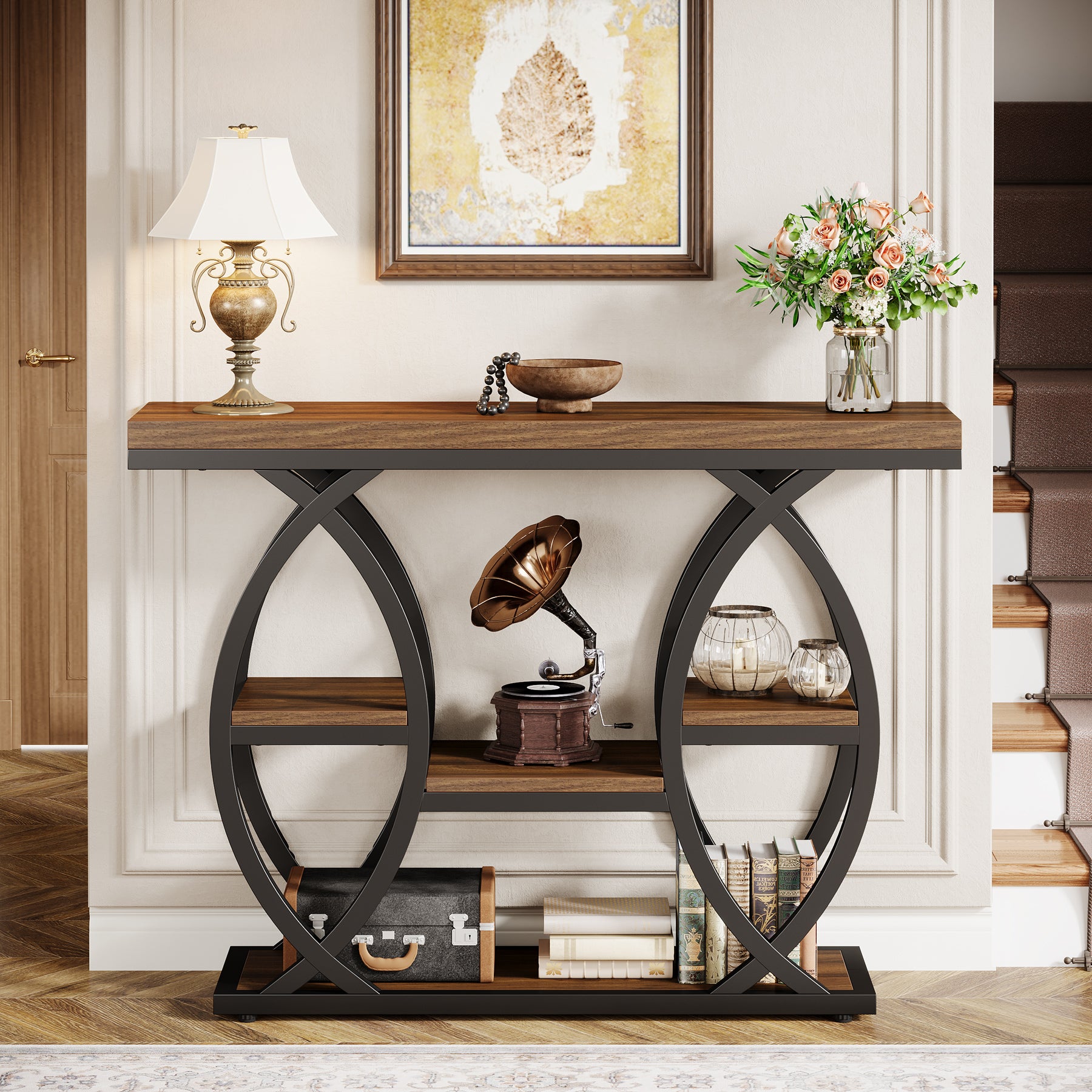 100 cm Console Table, 4-Tier Sofa Table Entryway Table with Storage Shelves