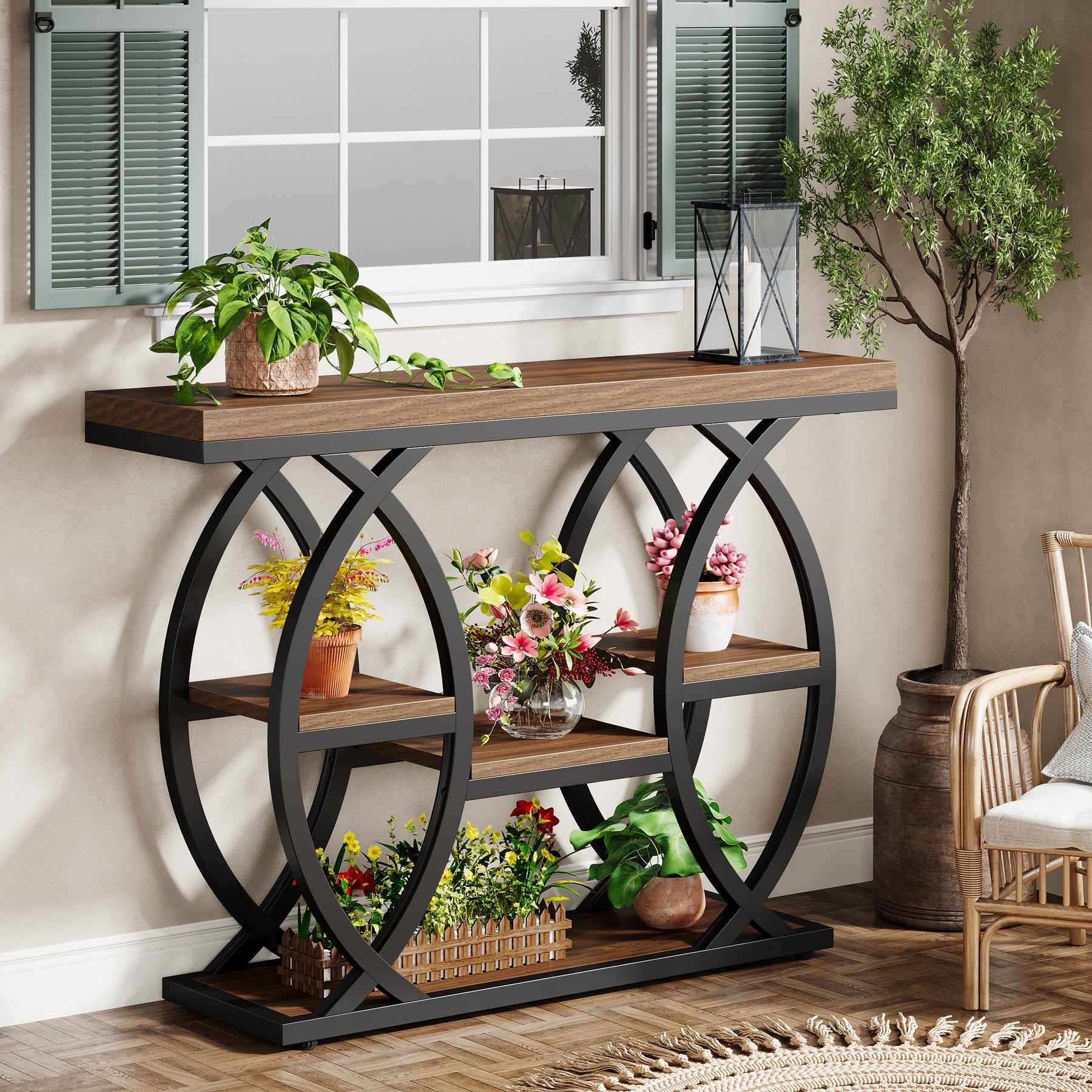 100 cm Console Table, 4-Tier Sofa Table Entryway Table with Storage Shelves