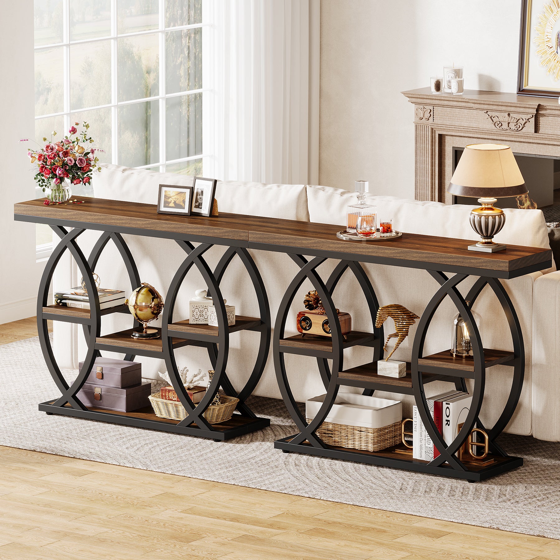 100 cm Console Table, 4-Tier Sofa Table Entryway Table with Storage Shelves