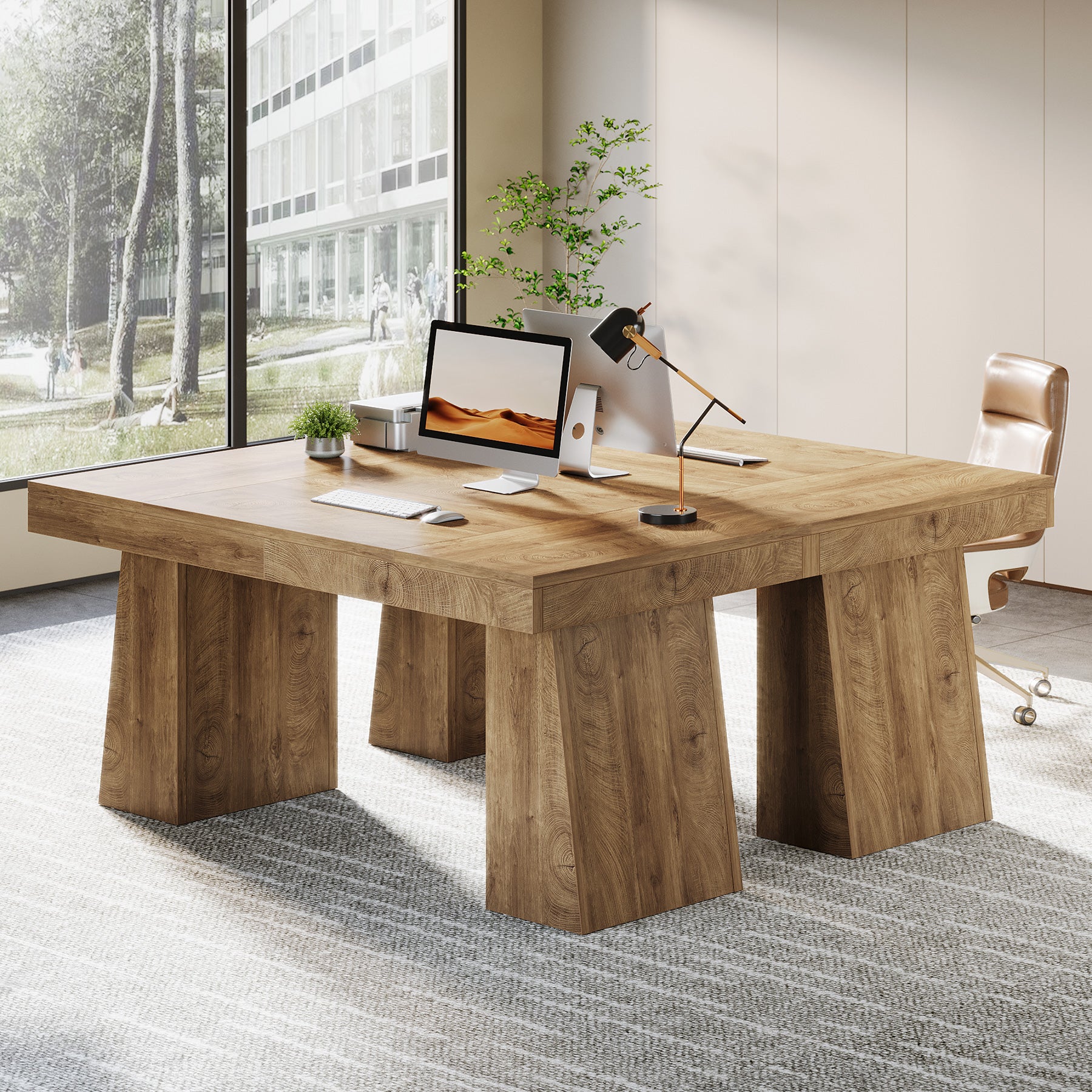 140cm Modern Executive Desk with Double Trapezoid Base, Heavy-Duty Computer Desk for Home Office