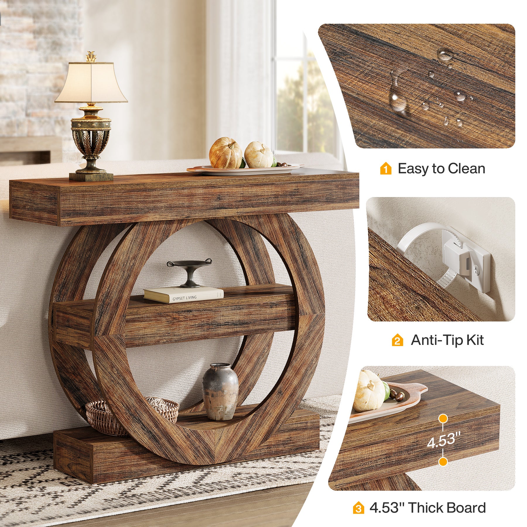 105 cm  Console Table, 3-Tier Sofa Table Accent Console with Circle Base