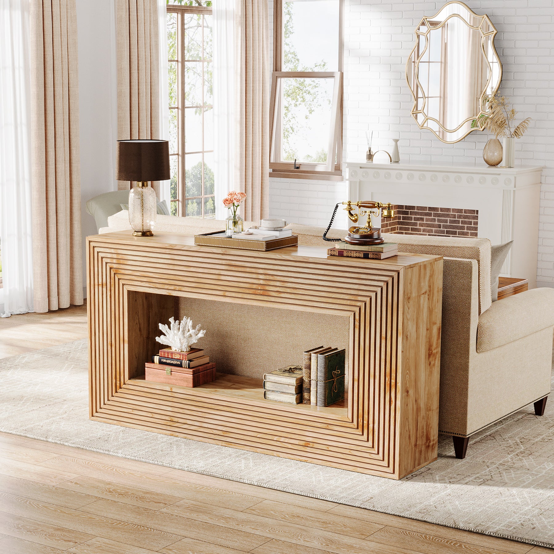 150cm Fluted Farmhouse Console Table with Storage Shelf, Rectangular Wood Sofa Table