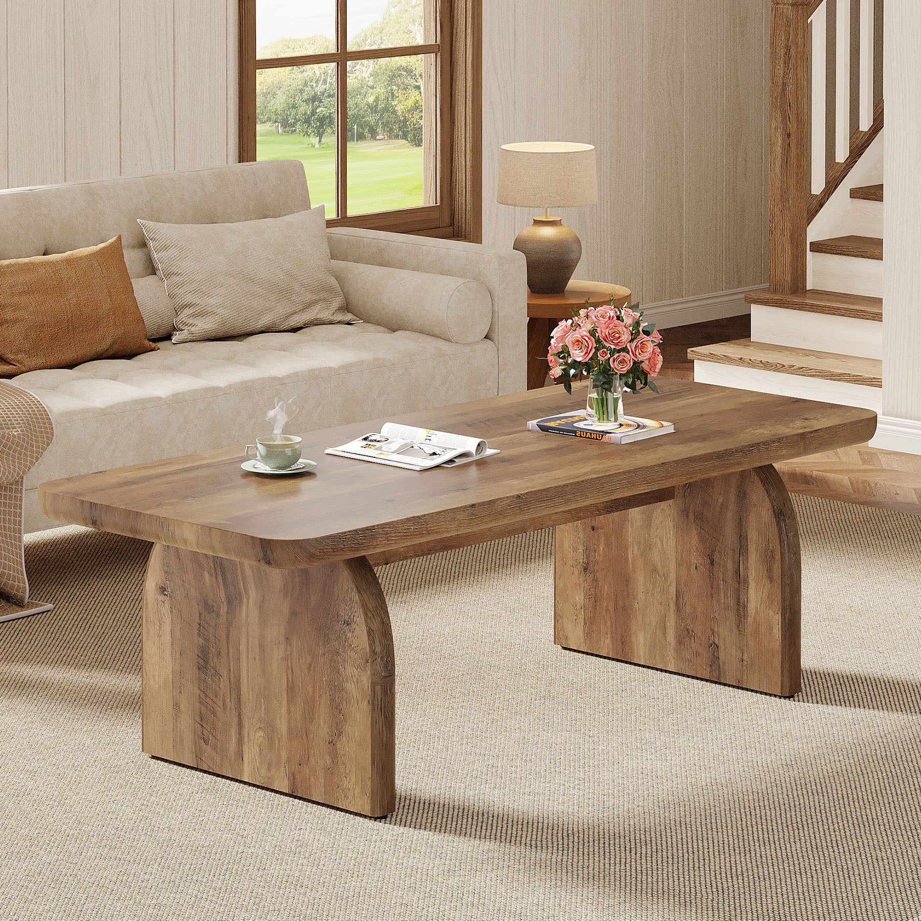 120cm Farmhouse Coffee Table, Rectangular Wooden Centre Table with Rounded Corners
