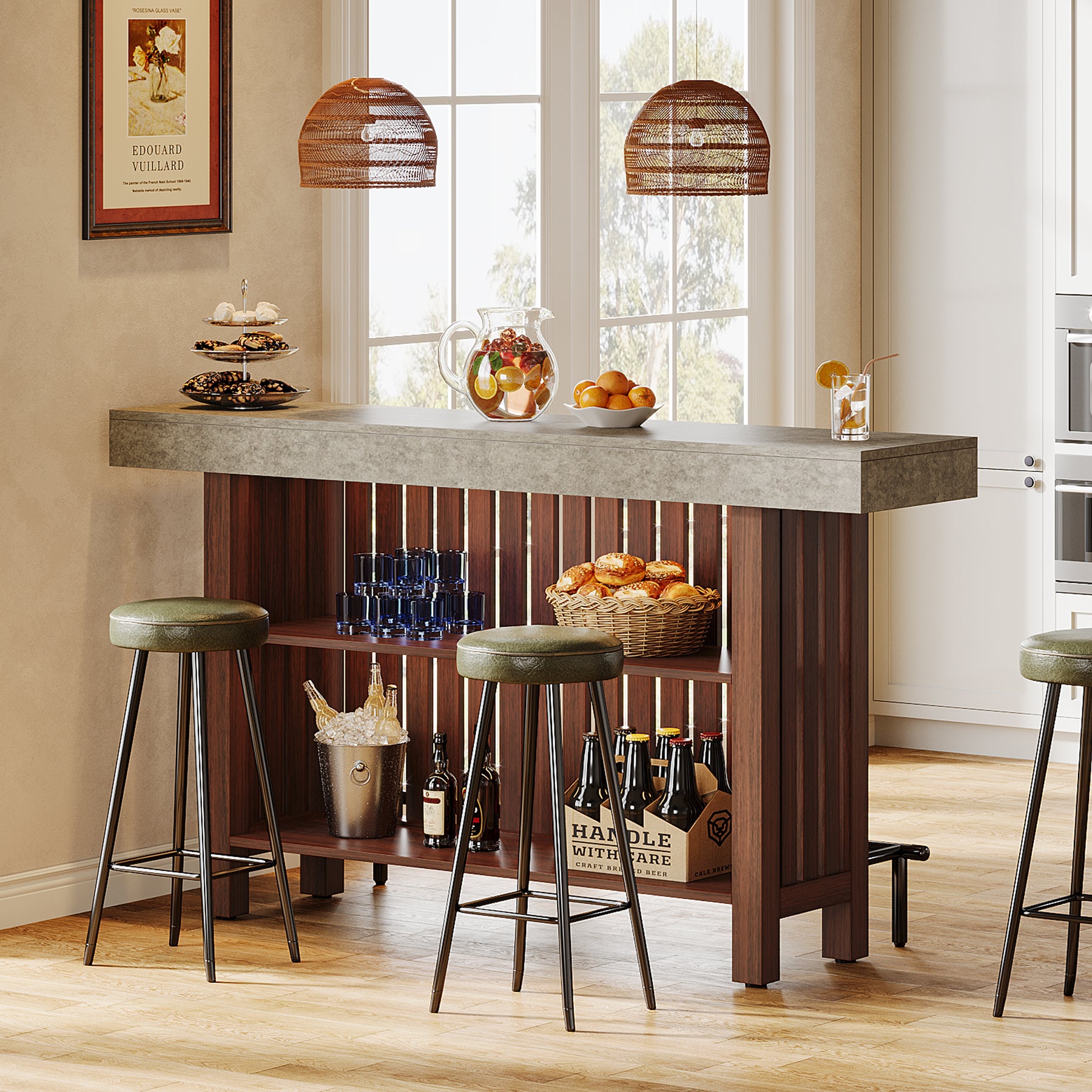 160cm Counter Height Bar Table with Footrest, 2-Tier Storage Pub Table for Kitchen and Living Room