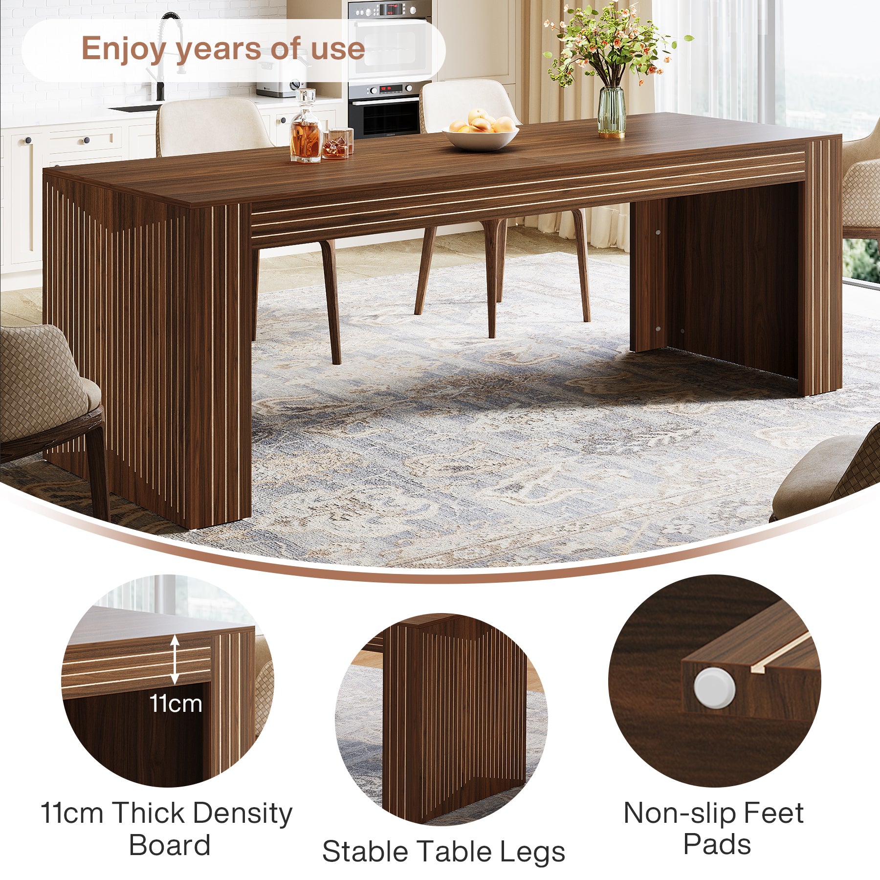200cm Large Walnut Dining Table for 6-8, Rectangular Modern Farmhouse Table with Heavy-Duty Pedestal