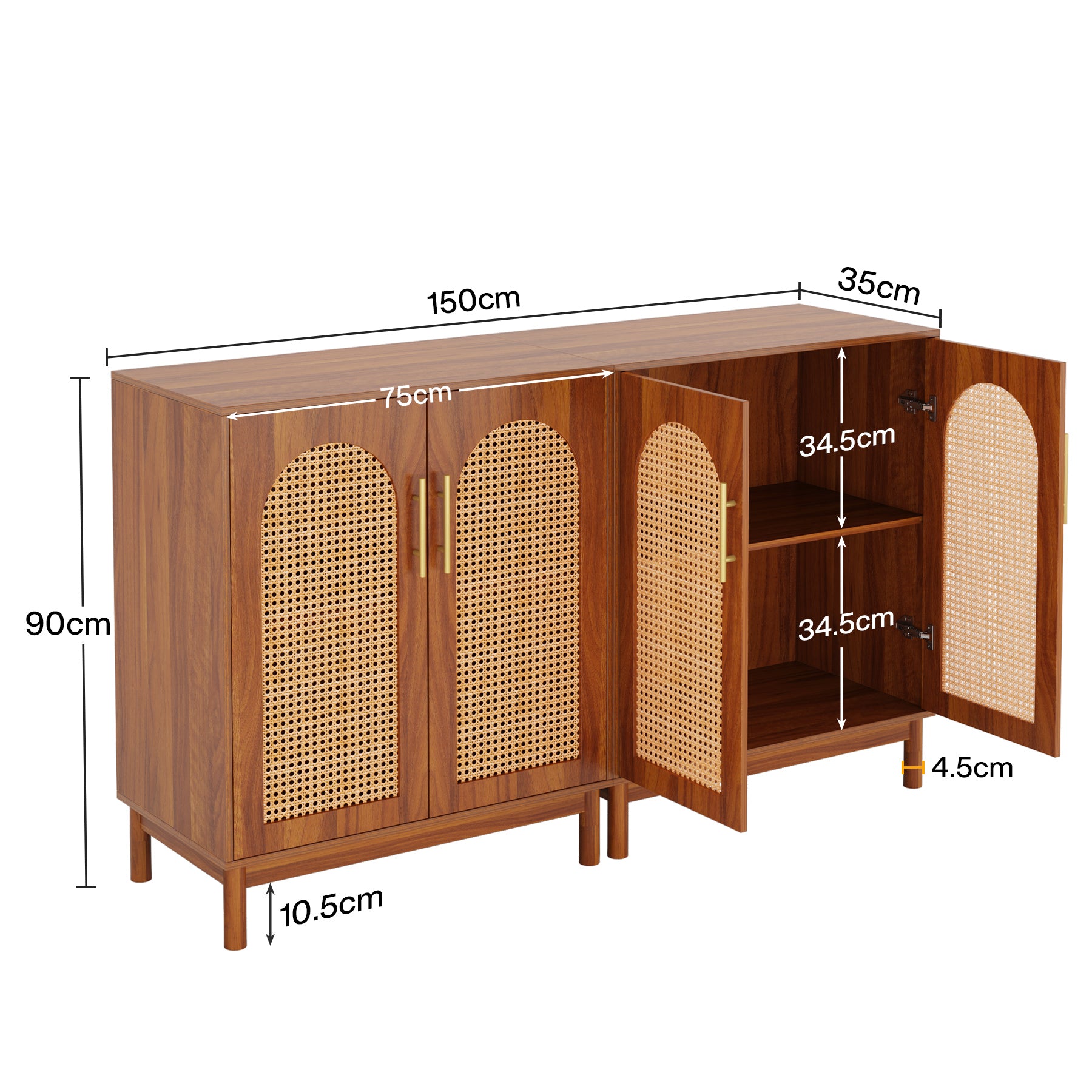 150cm Sideboard Buffet, Set of 2 Rattan Accent Cabinet with Storage