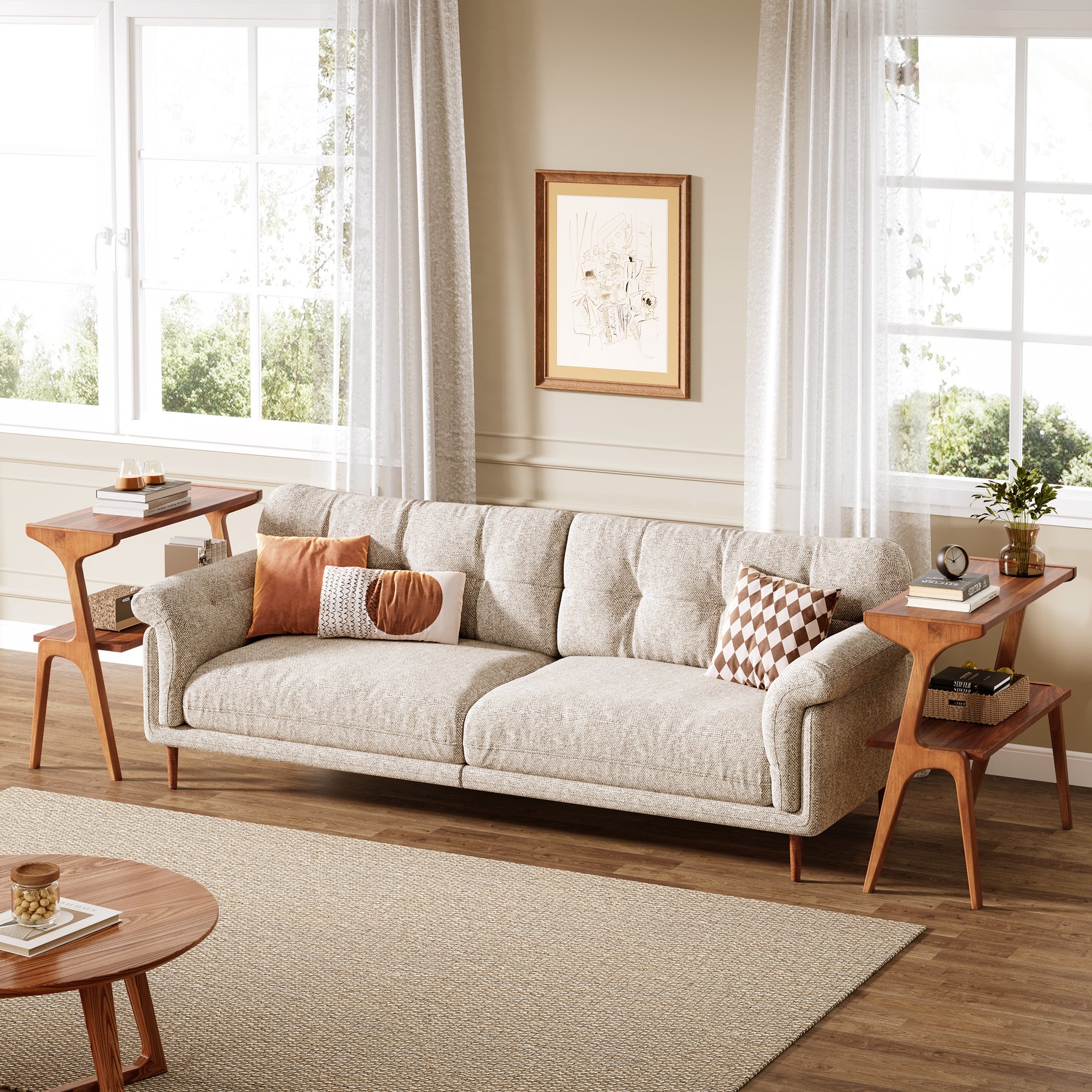 2-Tier Wood End Table, Farmhouse Couch Side Table with Storage Shelves