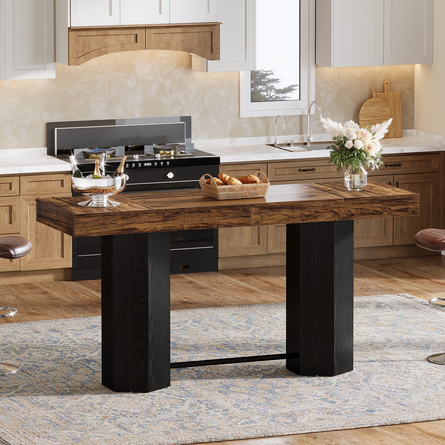 180cm Bar Table with Metal Footrest, Industrial Style Counter Table for Kitchen & Living Room