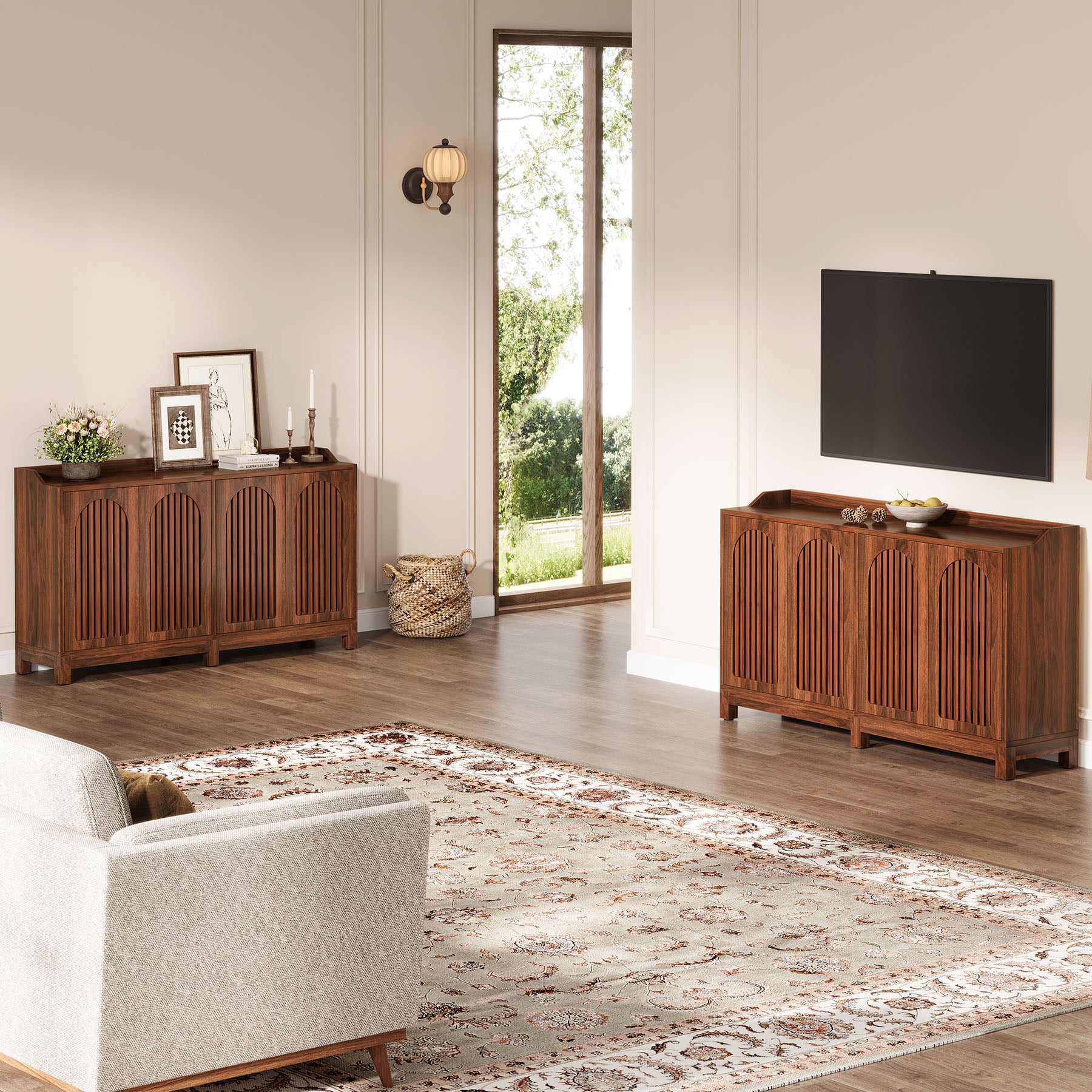 145cm Farmhouse Sideboard Buffet Cabinet with Shutter Doors, Freestanding Storage Cabinet for Kitchen & Dining Room