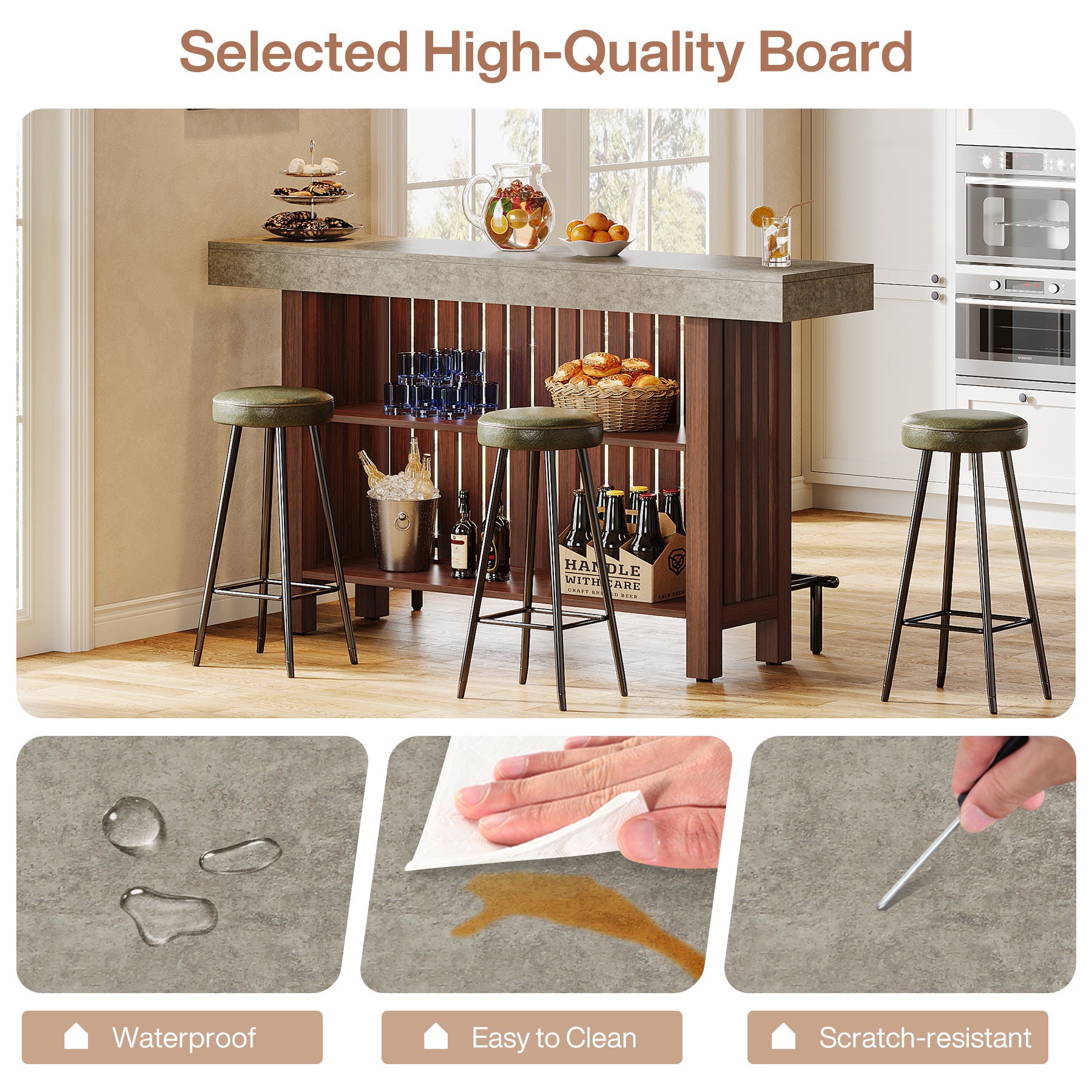 160cm Counter Height Bar Table with Footrest, 2-Tier Storage Pub Table for Kitchen and Living Room