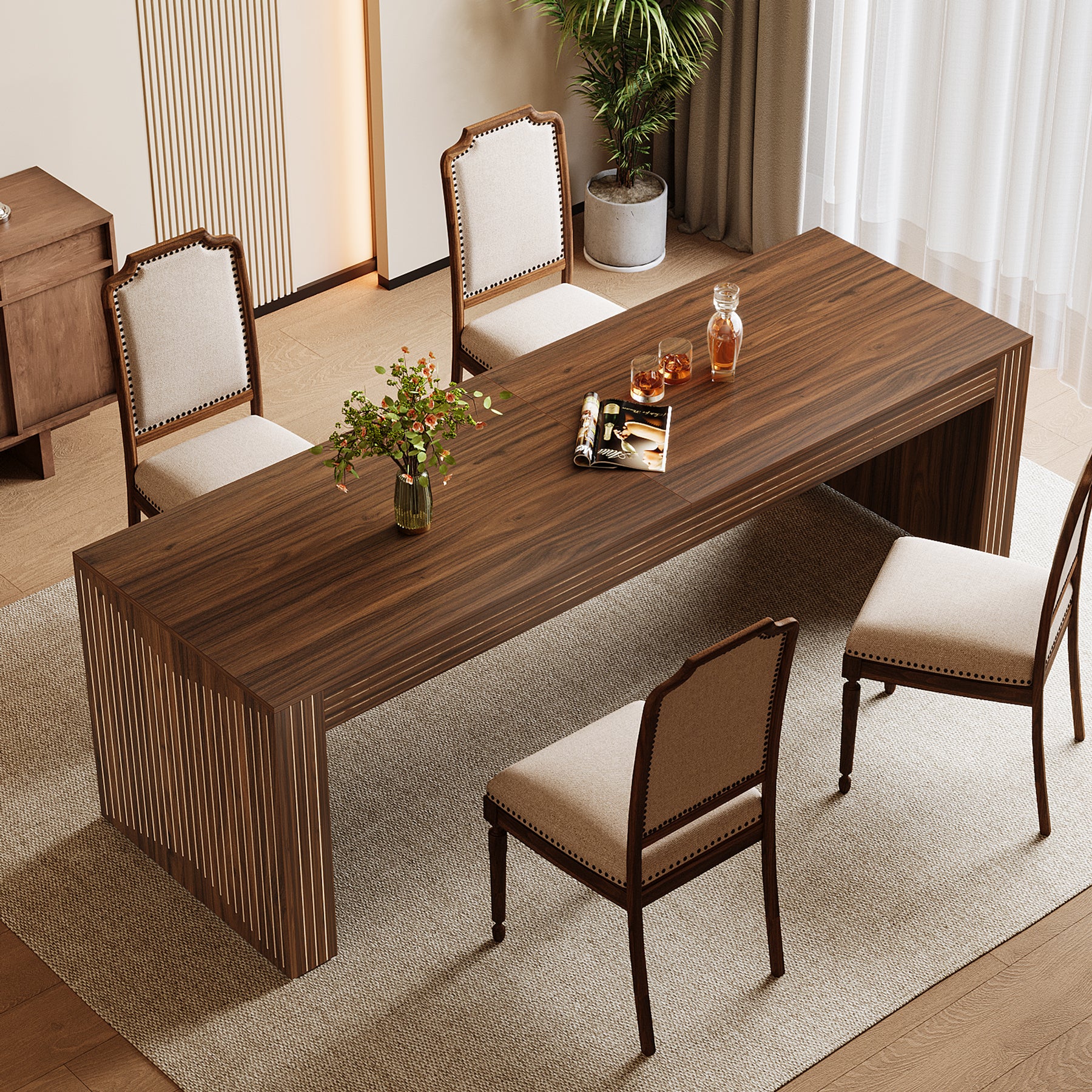 200cm Large Walnut Dining Table for 6-8, Rectangular Modern Farmhouse Table with Heavy-Duty Pedestal