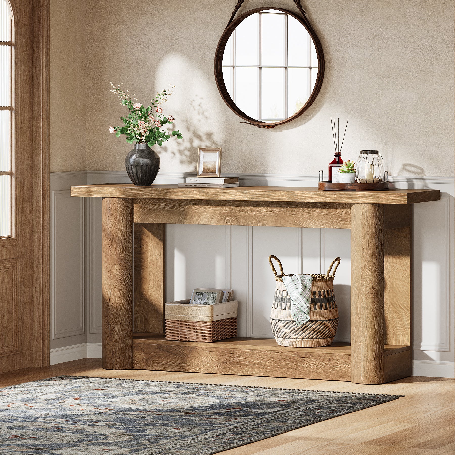160cm Farmhouse Console Table, Narrow 2-Tier Sofa Table for Entryway & Living Room