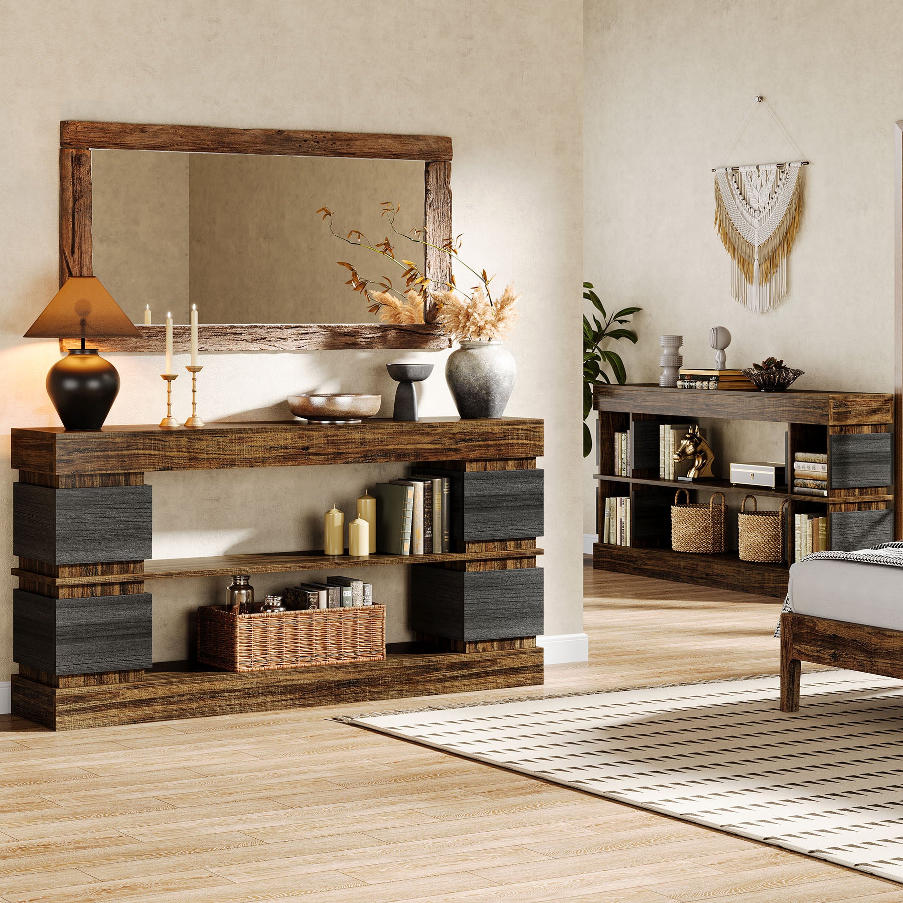 160cm Farmhouse 3-Tier Console Table with 4 Storage Compartments, Long Wooden Entryway & Sofa Table