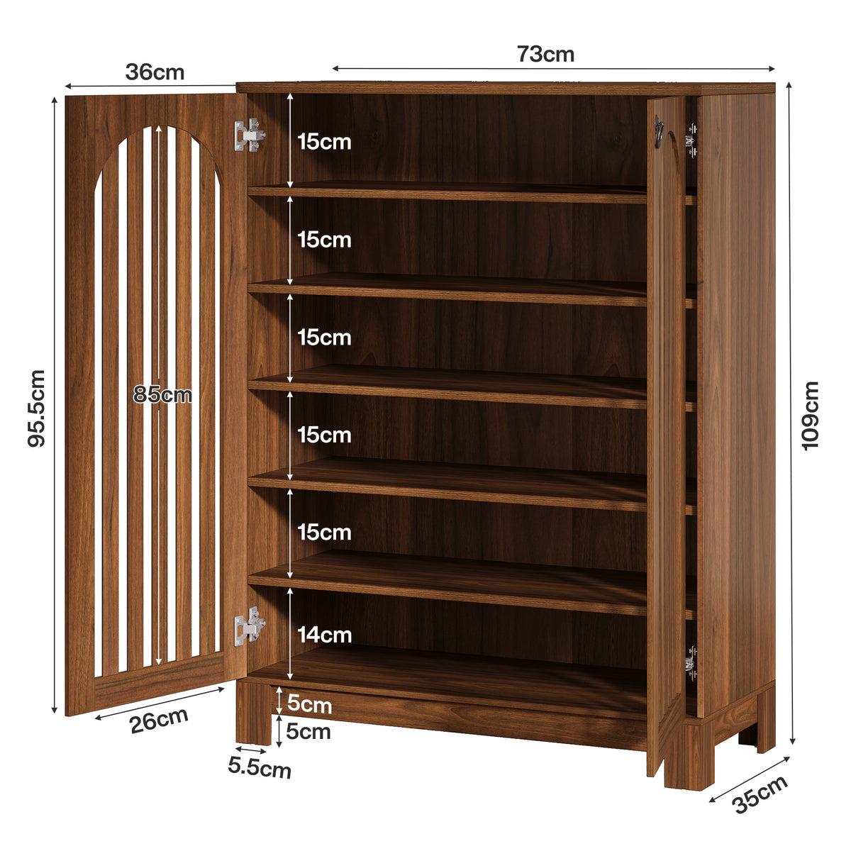Oak Shoe Cabinet with 6-Tier Storage, Arched Louver Doors