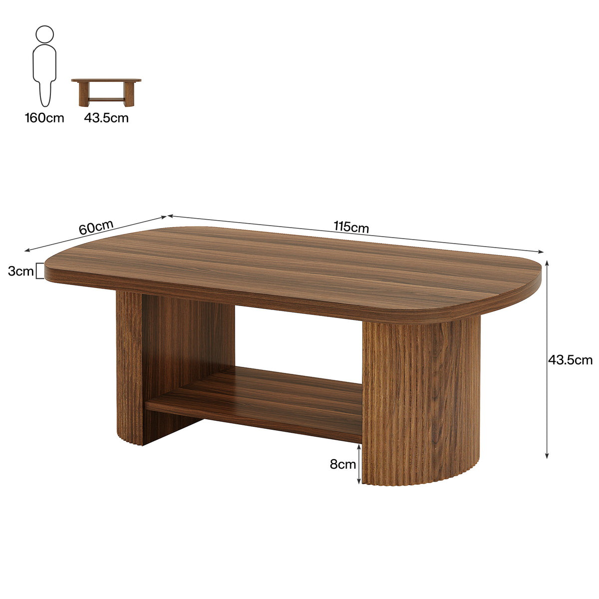 115 cm Oval Coffee Table with 2-Tier Storage, Fluted Base