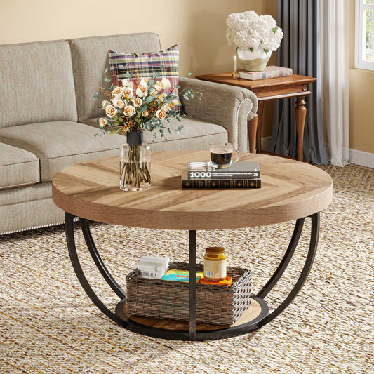 Round Wooden Coffee Table with 2-Tier Shelves