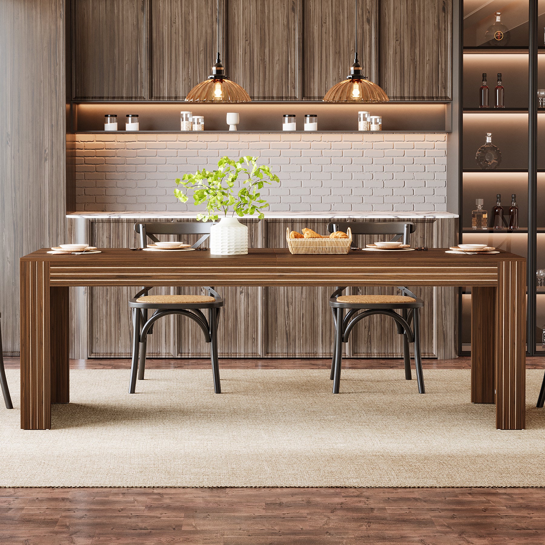 200cm Large Walnut Dining Table for 6-8, Rectangular Modern Farmhouse Table with Heavy-Duty Pedestal