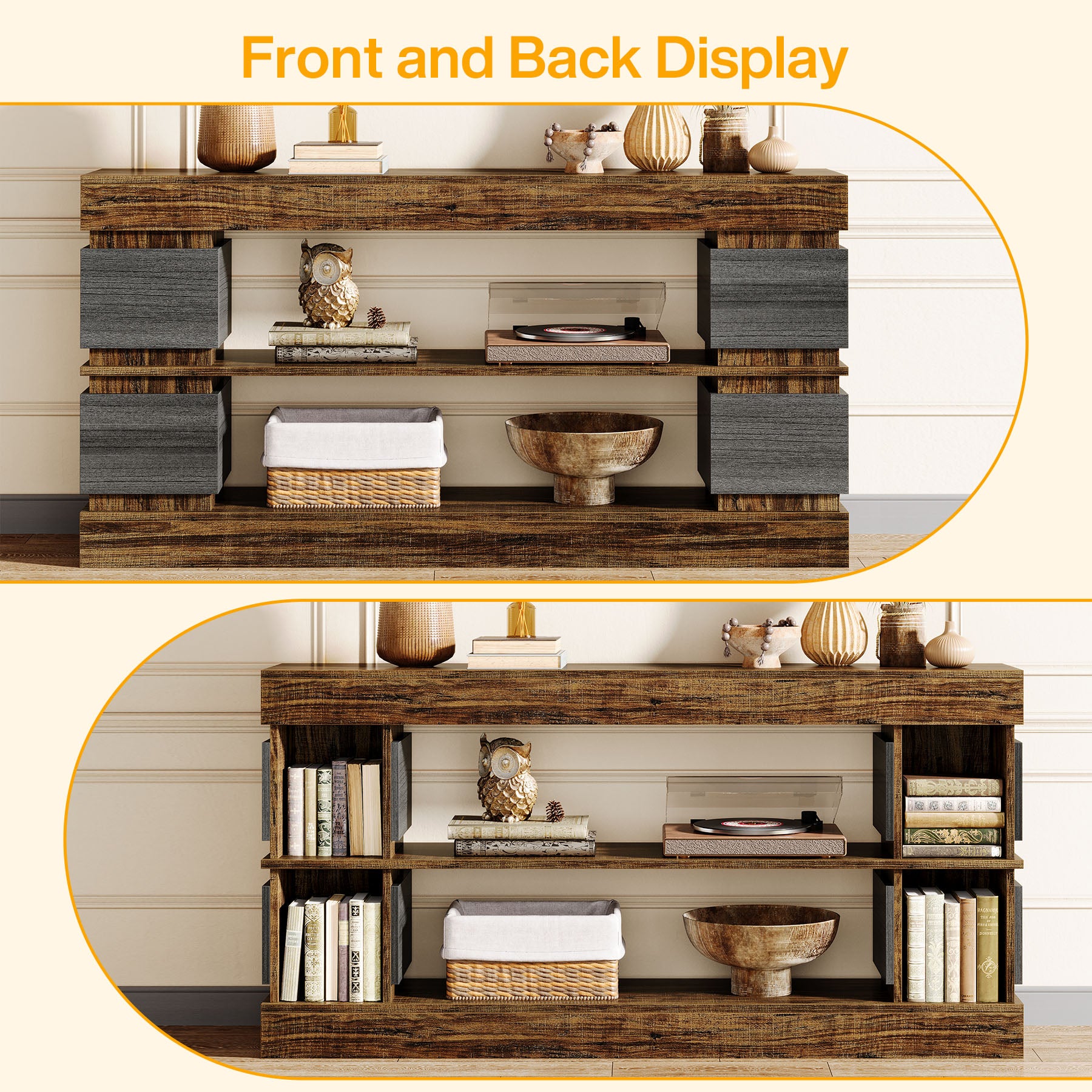 160cm Farmhouse 3-Tier Console Table with 4 Storage Compartments, Long Wooden Entryway & Sofa Table