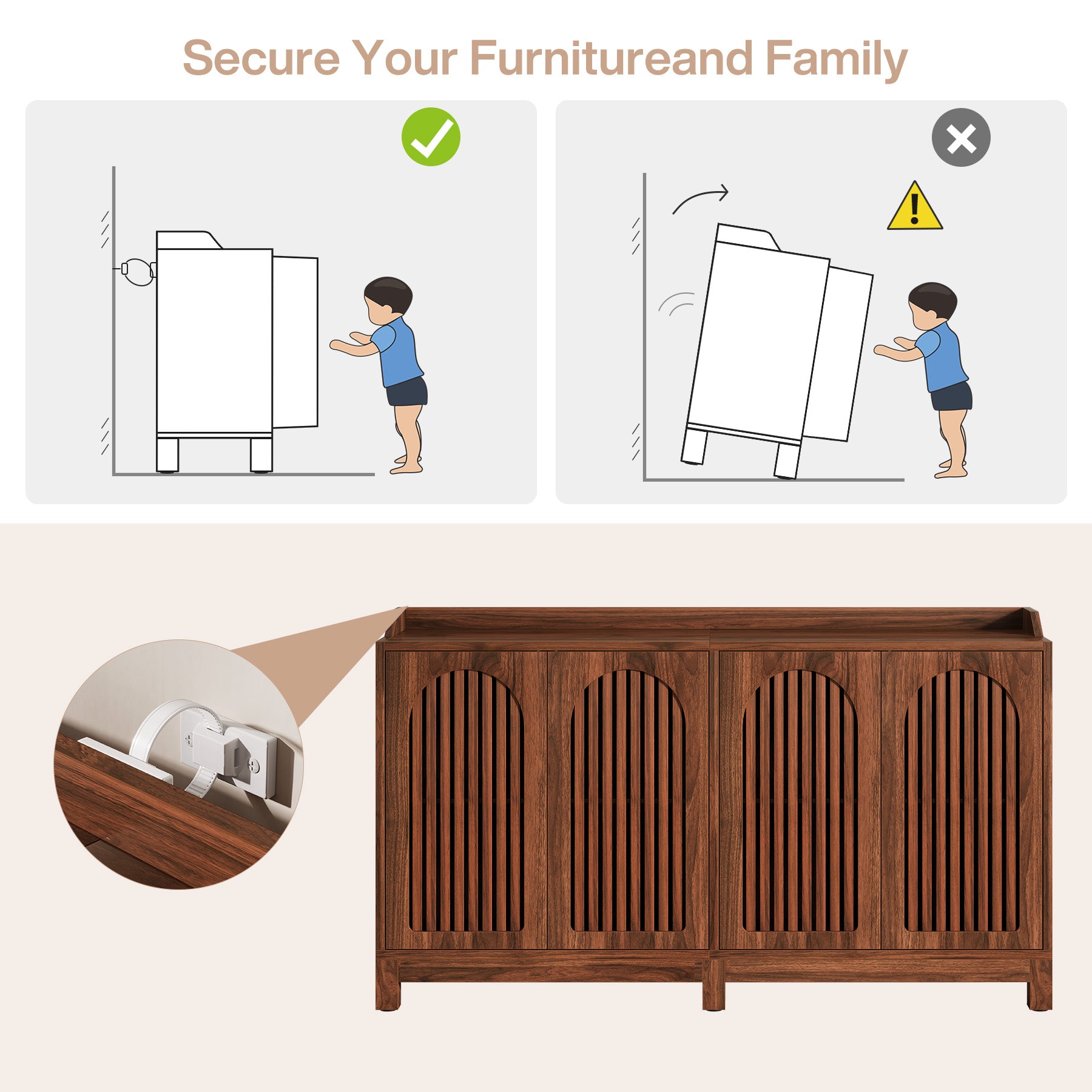 145cm Farmhouse Sideboard Buffet Cabinet with Shutter Doors, Freestanding Storage Cabinet for Kitchen & Dining Room