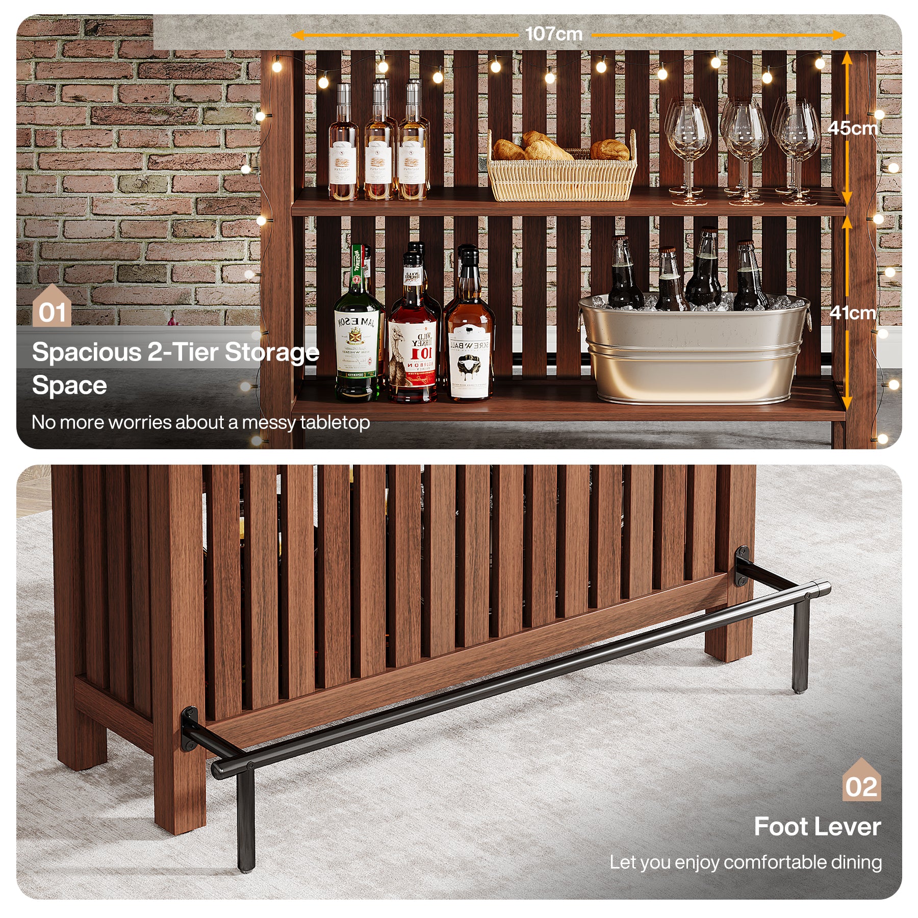 160cm Counter Height Bar Table with Footrest, 2-Tier Storage Pub Table for Kitchen and Living Room