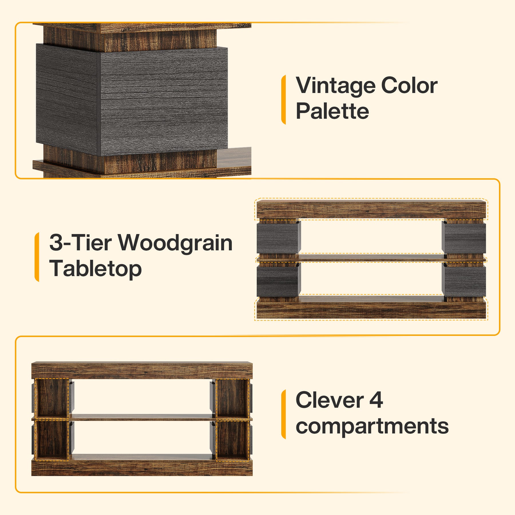 160cm Farmhouse 3-Tier Console Table with 4 Storage Compartments, Long Wooden Entryway & Sofa Table