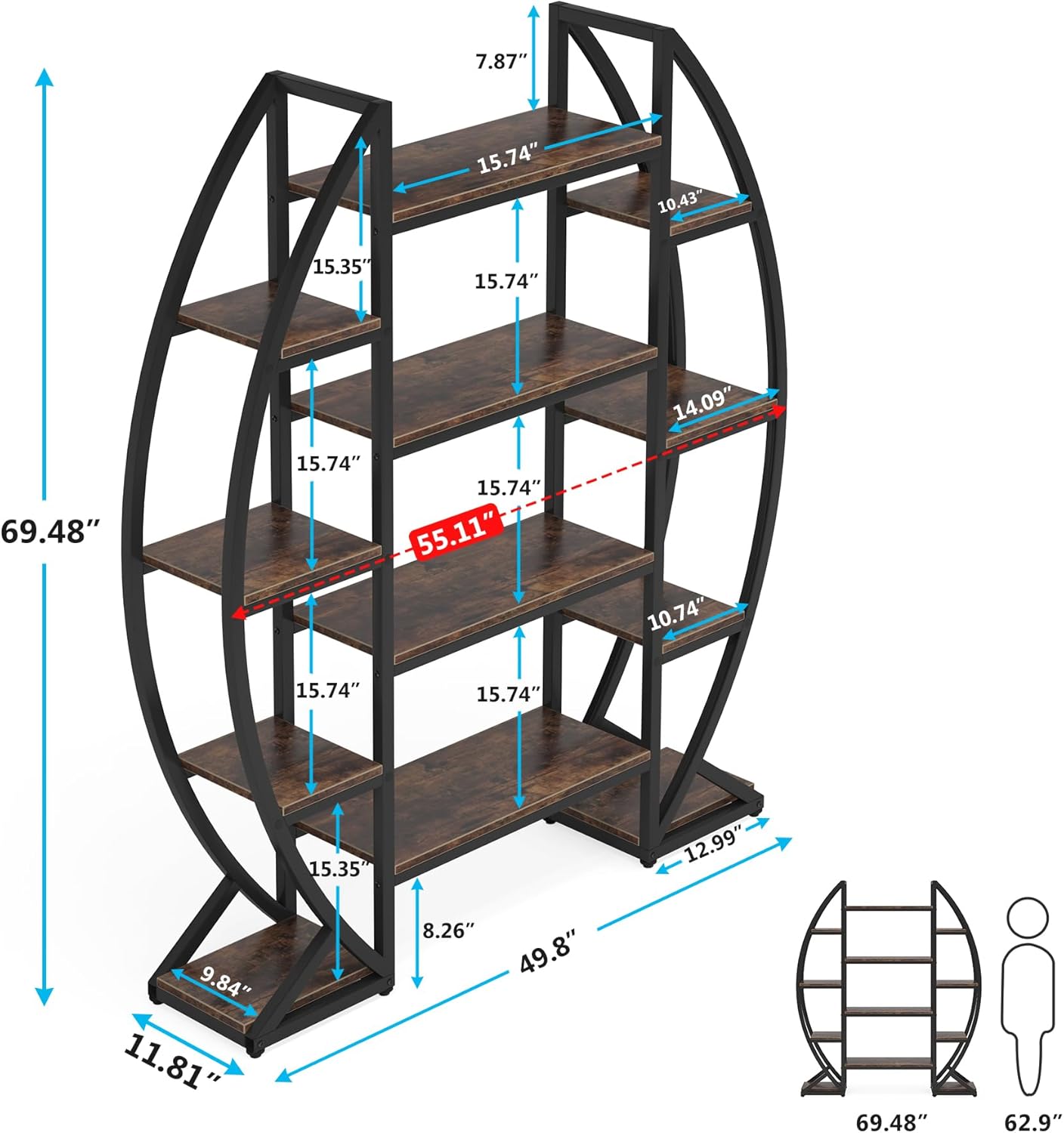 140 CM Bookshelf, 5-Tier Oval Bookcase Etagere Display Shelves