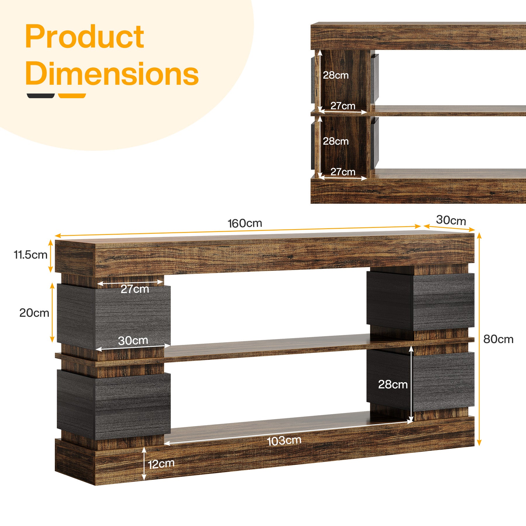 160cm Farmhouse 3-Tier Console Table with 4 Storage Compartments, Long Wooden Entryway & Sofa Table