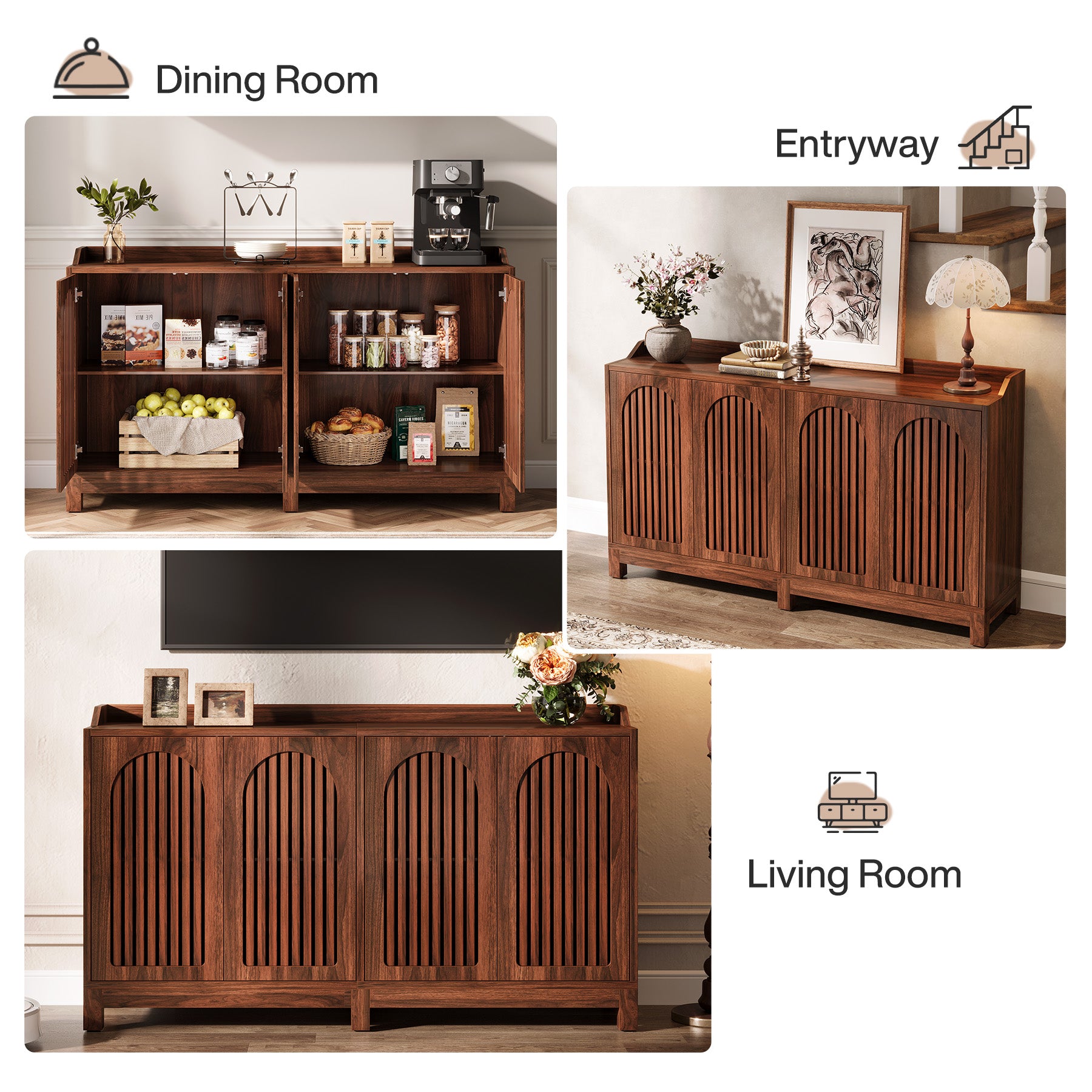 145cm Farmhouse Sideboard Buffet Cabinet with Shutter Doors, Freestanding Storage Cabinet for Kitchen & Dining Room