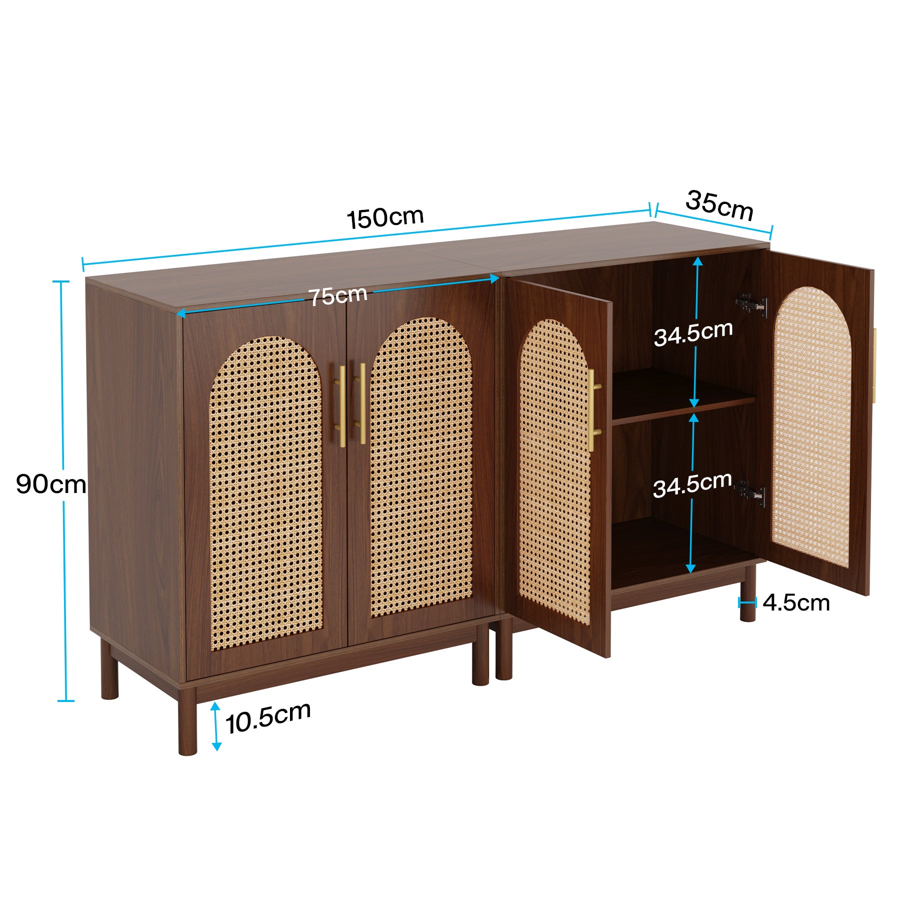 150 CM Sideboard Buffet, Set of 2 Rattan Accent Cabinet with Storage