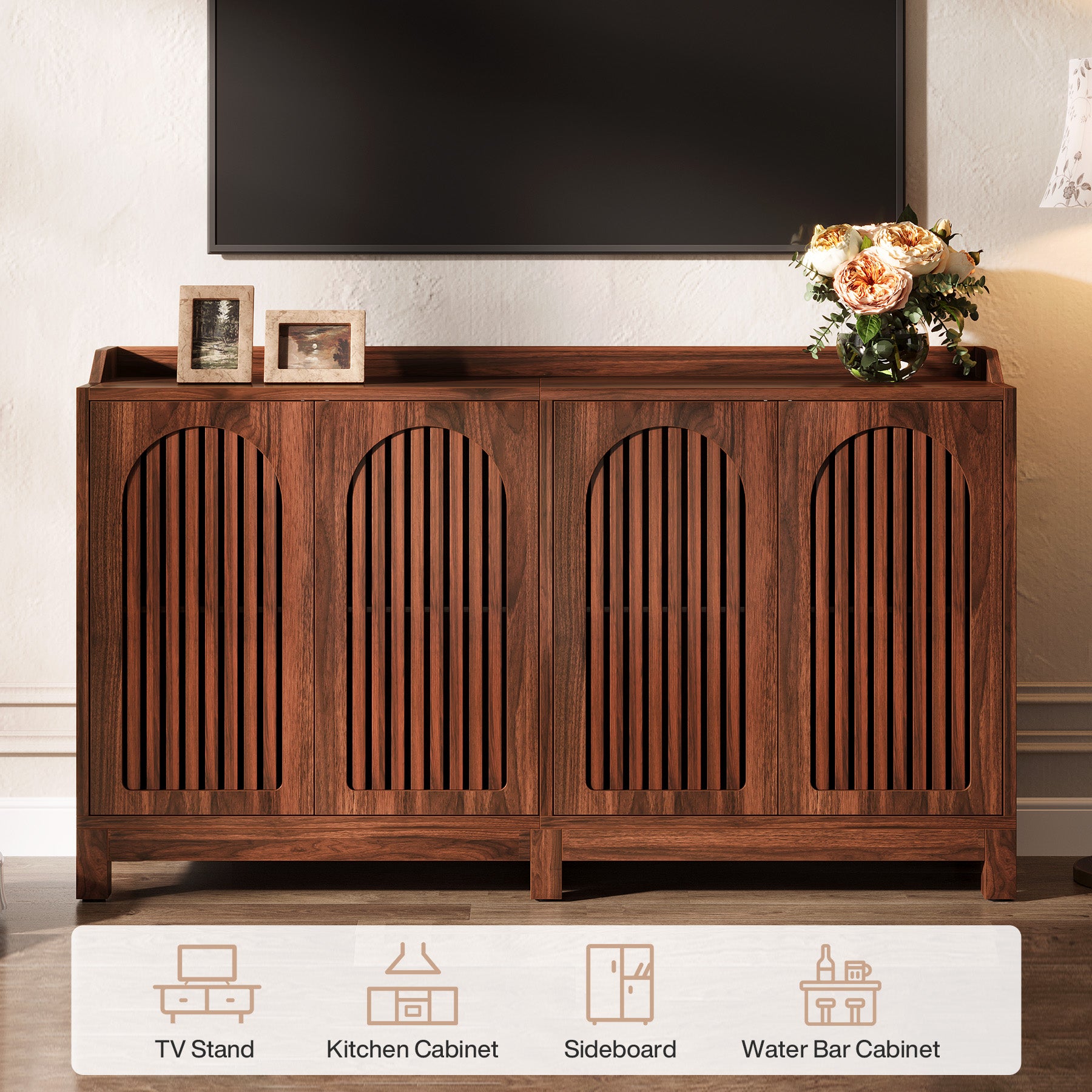 145cm Farmhouse Sideboard Buffet Cabinet with Shutter Doors, Freestanding Storage Cabinet for Kitchen & Dining Room